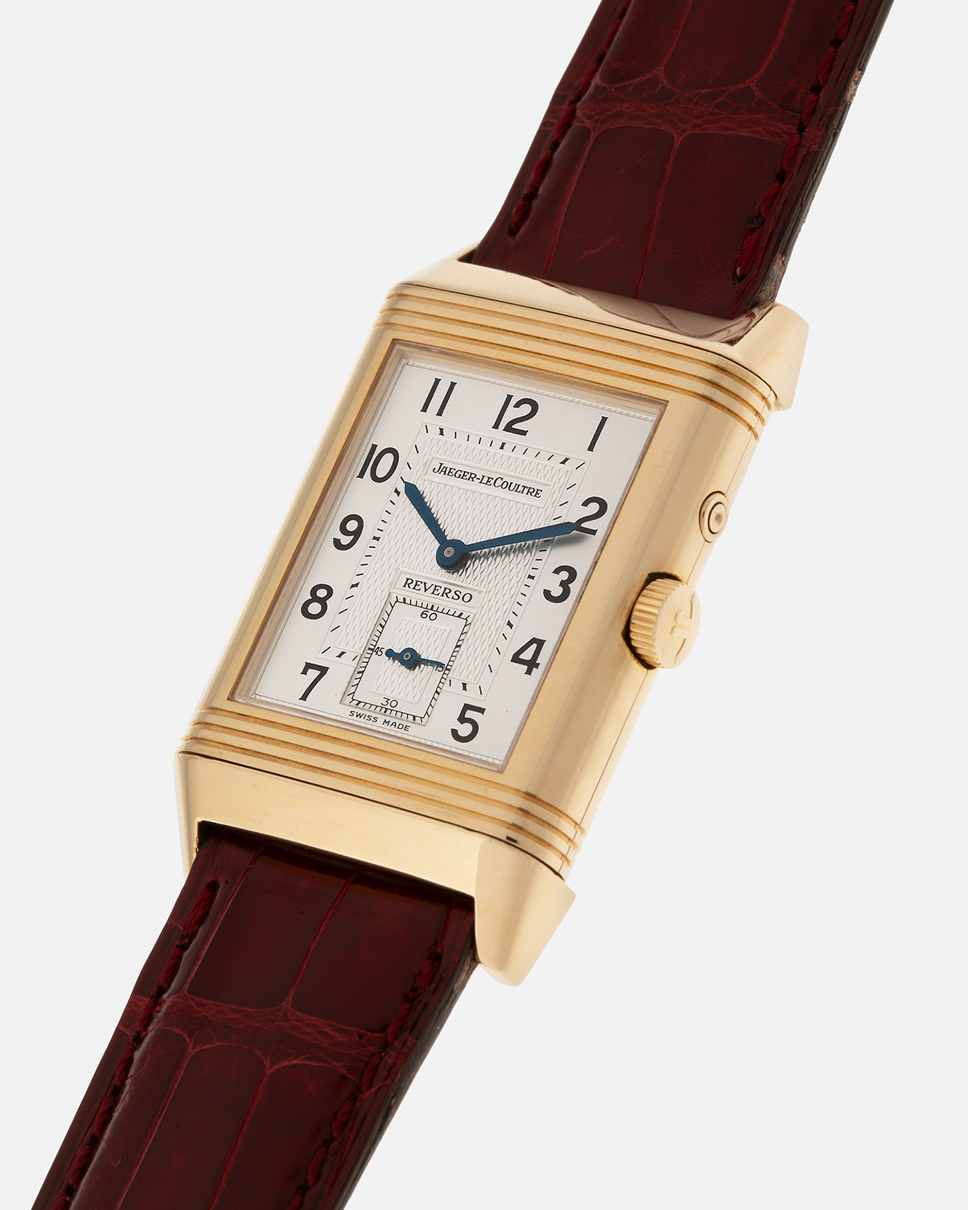 Brand: Jaeger LeCoultre
Year: 1999
Model: Reverso Duoface Japan Edition Red, Limited Edition of 39 Pieces
Reference Number: 270.1.54
Material: 18-carat Yellow Gold
Movement: Jaeger LeCoultre Cal. 854, Manual-Wind
Case Dimensions: 42mm (Including Lugs) x 26mm
Lug Width: 19mm
Strap: Jaeger LeCoultre Burgundy Red Alligator Leather Strap with Signed 18-carat Yellow Gold Tang Buckle