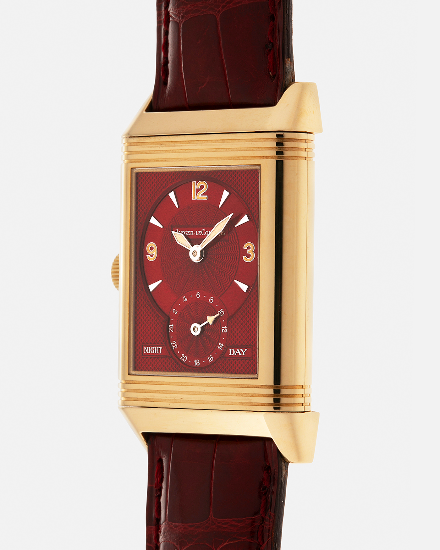 Brand: Jaeger LeCoultre
Year: 1999
Model: Reverso Duoface Japan Edition Red, Limited Edition of 39 Pieces
Reference Number: 270.1.54
Material: 18-carat Yellow Gold
Movement: Jaeger LeCoultre Cal. 854, Manual-Wind
Case Dimensions: 42mm (Including Lugs) x 26mm
Lug Width: 19mm
Strap: Jaeger LeCoultre Burgundy Red Alligator Leather Strap with Signed 18-carat Yellow Gold Tang Buckle