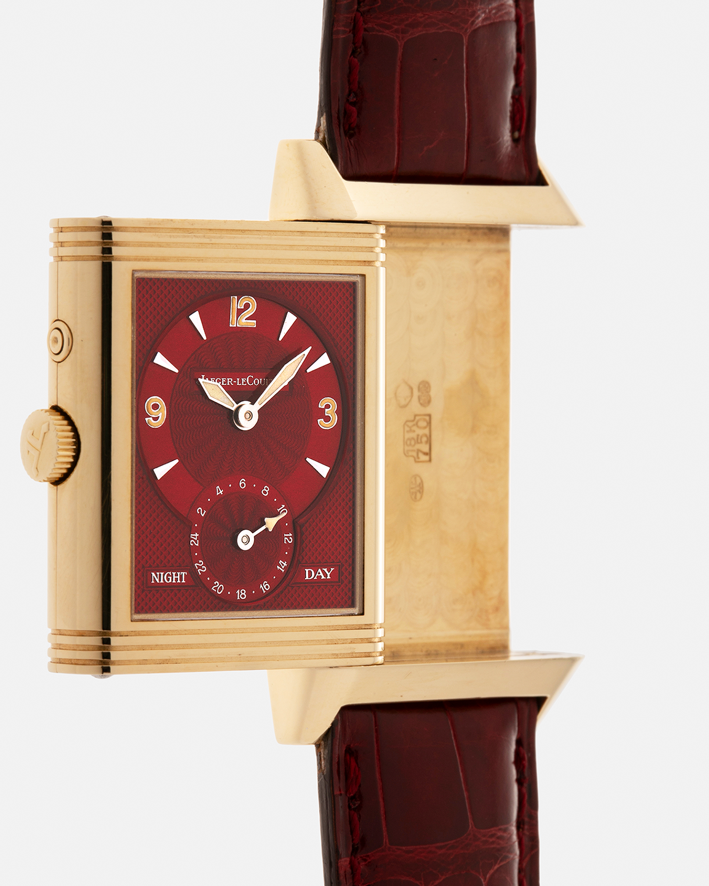 Brand: Jaeger LeCoultre
Year: 1999
Model: Reverso Duoface Japan Edition Red, Limited Edition of 39 Pieces
Reference Number: 270.1.54
Material: 18-carat Yellow Gold
Movement: Jaeger LeCoultre Cal. 854, Manual-Wind
Case Dimensions: 42mm (Including Lugs) x 26mm
Lug Width: 19mm
Strap: Jaeger LeCoultre Burgundy Red Alligator Leather Strap with Signed 18-carat Yellow Gold Tang Buckle