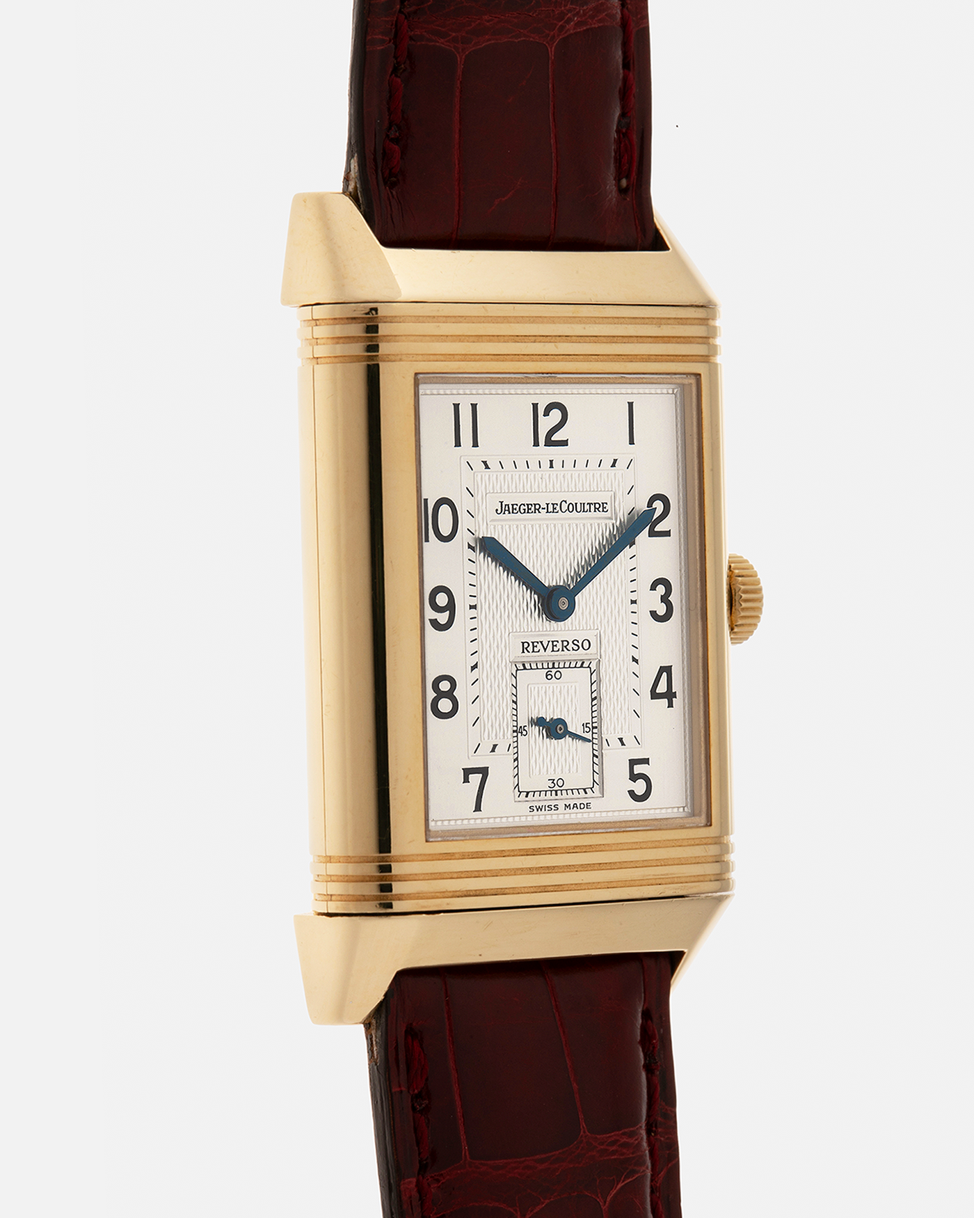 Brand: Jaeger LeCoultre
Year: 1999
Model: Reverso Duoface Japan Edition Red, Limited Edition of 39 Pieces
Reference Number: 270.1.54
Material: 18-carat Yellow Gold
Movement: Jaeger LeCoultre Cal. 854, Manual-Wind
Case Dimensions: 42mm (Including Lugs) x 26mm
Lug Width: 19mm
Strap: Jaeger LeCoultre Burgundy Red Alligator Leather Strap with Signed 18-carat Yellow Gold Tang Buckle