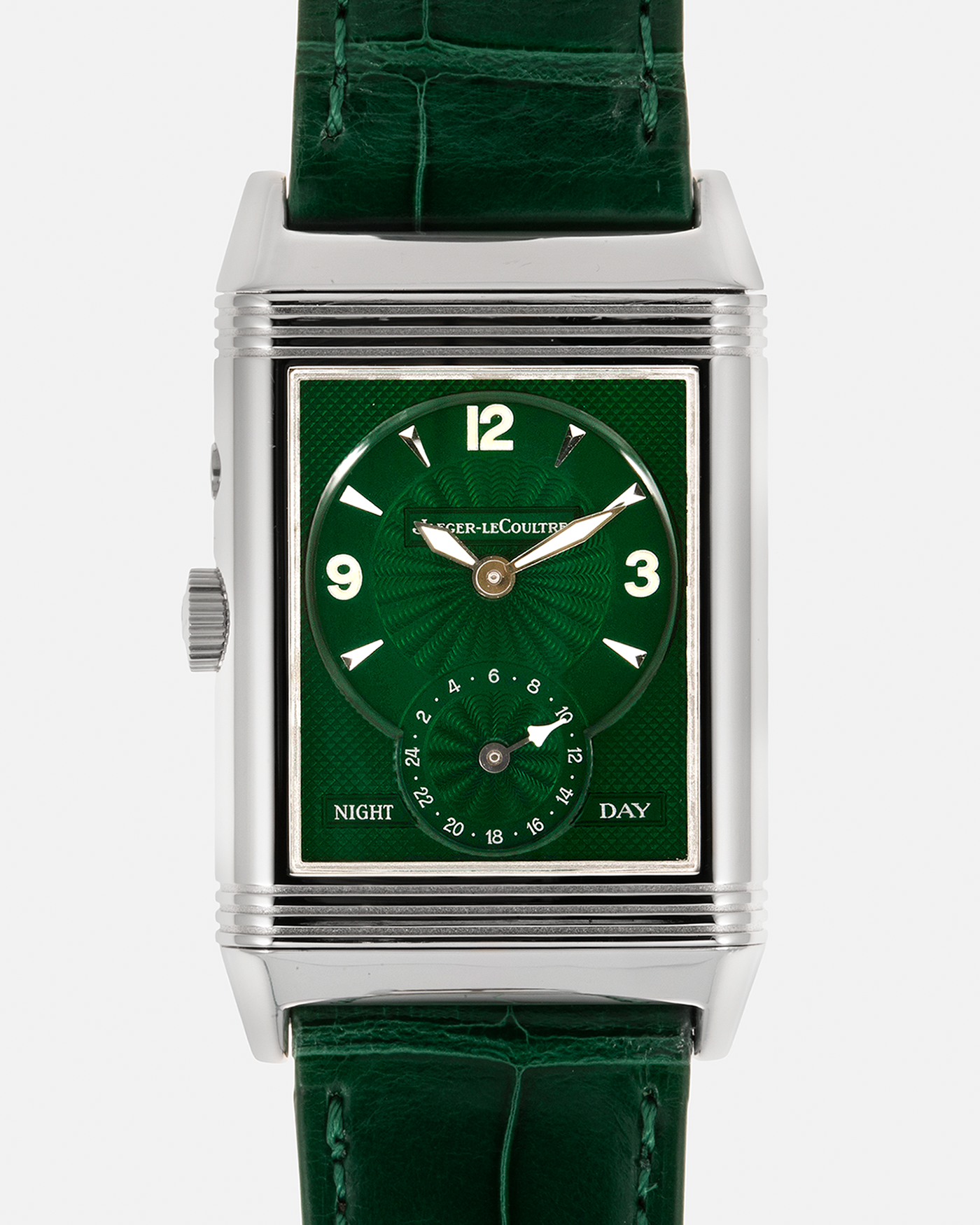 Brand: Jaeger LeCoultre Year: 1999 Model: Reverso Duoface Japan Edition Green, Limited Edition of 300 Pieces Reference Number: 270.8.54 Material: Stainless Steel Movement: Jaeger LeCoultre Cal. 854, Manual-Wind Case Diameter: 42mm x 26mm Lug Width: 19mm Strap: Jaeger LeCoultre Green Alligator Leather with Signed Stainless Steel Deployant Clasp