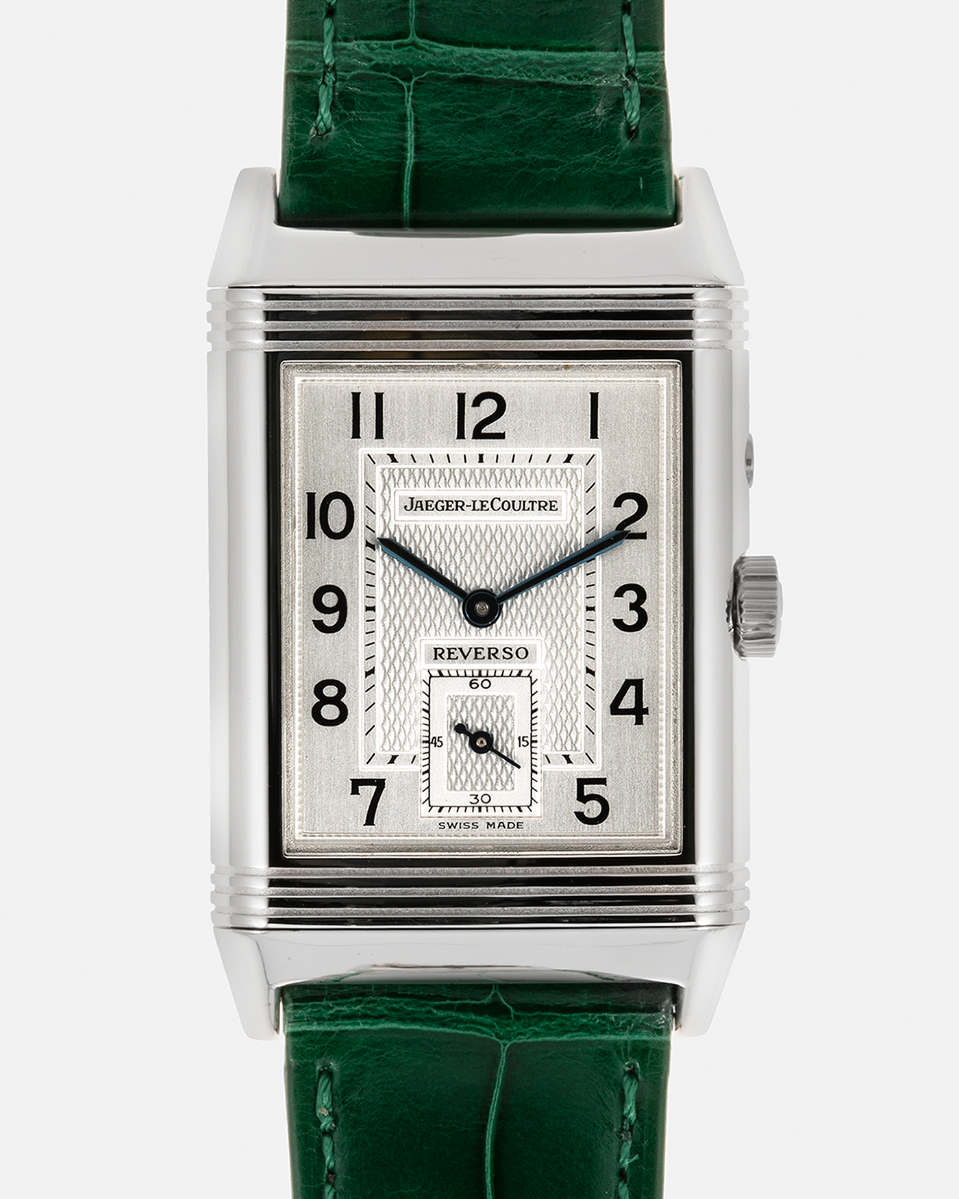 Brand: Jaeger LeCoultre Year: 1999 Model: Reverso Duoface Japan Edition Green, Limited Edition of 300 Pieces Reference Number: 270.8.54 Material: Stainless Steel Movement: Jaeger LeCoultre Cal. 854, Manual-Wind Case Diameter: 42mm x 26mm Lug Width: 19mm Strap: Jaeger LeCoultre Green Alligator Leather with Signed Stainless Steel Deployant Clasp