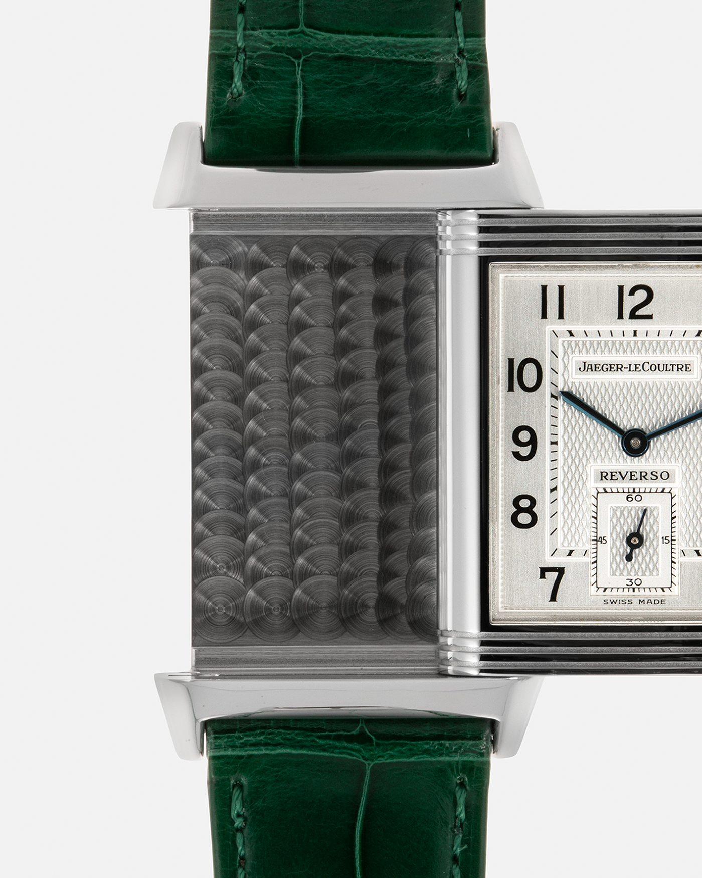 Brand: Jaeger LeCoultre Year: 1999 Model: Reverso Duoface Japan Edition Green, Limited Edition of 300 Pieces Reference Number: 270.8.54 Material: Stainless Steel Movement: Jaeger LeCoultre Cal. 854, Manual-Wind Case Diameter: 42mm x 26mm Lug Width: 19mm Strap: Jaeger LeCoultre Green Alligator Leather with Signed Stainless Steel Deployant Clasp