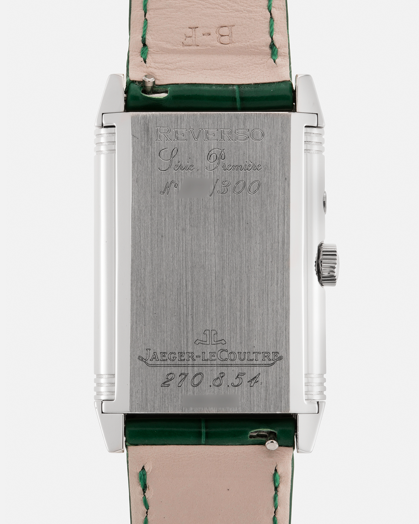 Brand: Jaeger LeCoultre Year: 1999 Model: Reverso Duoface Japan Edition Green, Limited Edition of 300 Pieces Reference Number: 270.8.54 Material: Stainless Steel Movement: Jaeger LeCoultre Cal. 854, Manual-Wind Case Diameter: 42mm x 26mm Lug Width: 19mm Strap: Jaeger LeCoultre Green Alligator Leather with Signed Stainless Steel Deployant Clasp