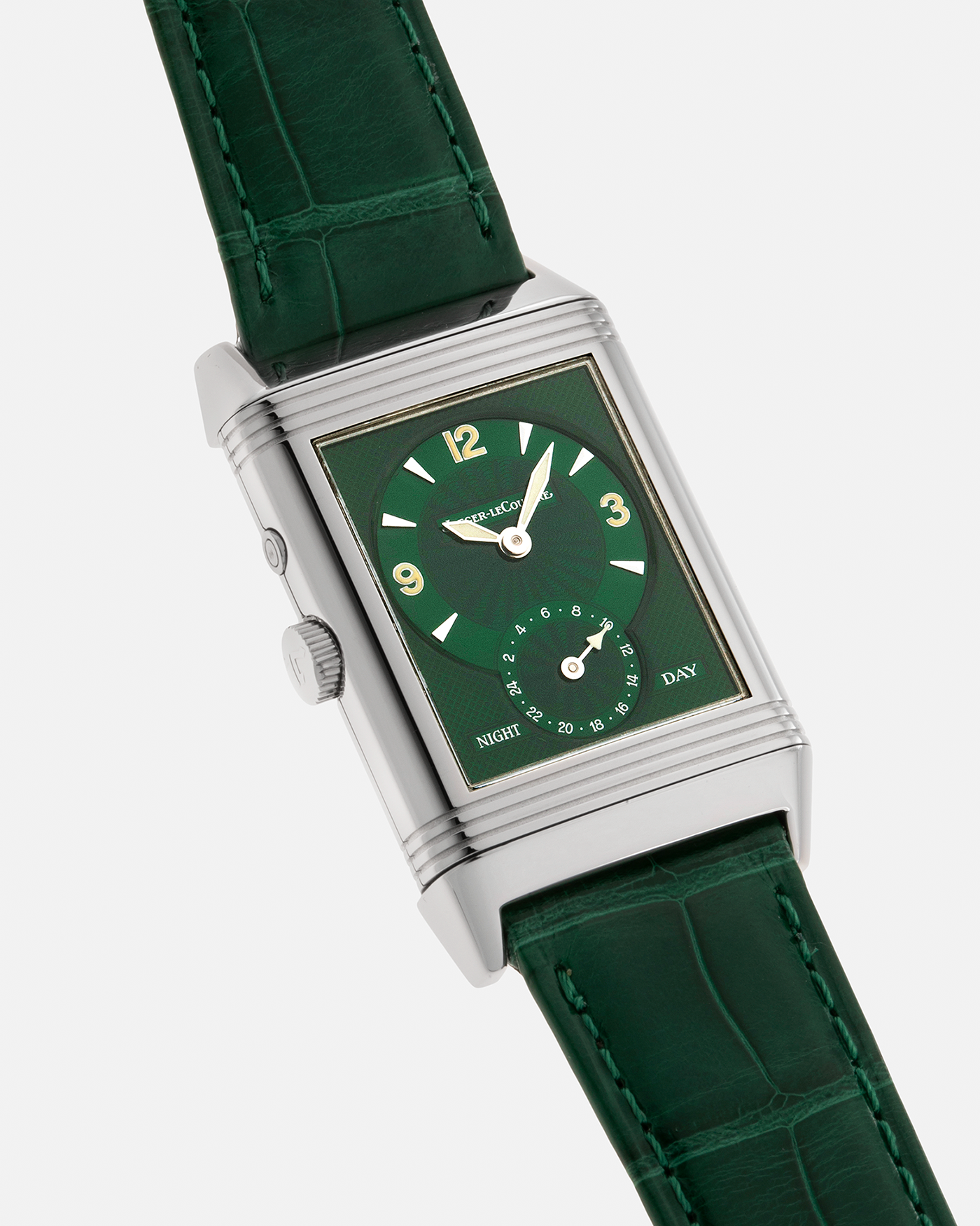 Brand: Jaeger LeCoultre Year: 1999 Model: Reverso Duoface Japan Edition Green, Limited Edition of 300 Pieces Reference Number: 270.8.54 Material: Stainless Steel Movement: Jaeger LeCoultre Cal. 854, Manual-Wind Case Diameter: 42mm x 26mm Lug Width: 19mm Strap: Jaeger LeCoultre Green Alligator Leather with Signed Stainless Steel Deployant Clasp