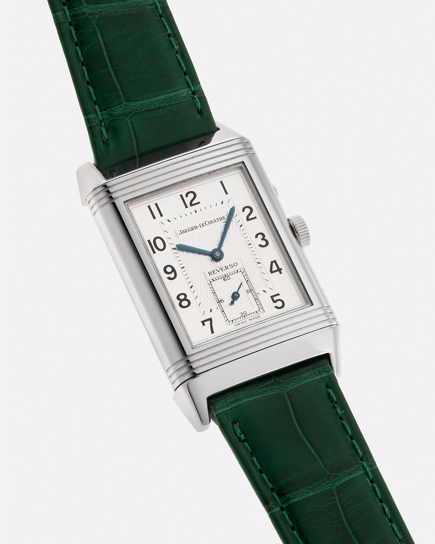 Brand: Jaeger LeCoultre Year: 1999 Model: Reverso Duoface Japan Edition Green, Limited Edition of 300 Pieces Reference Number: 270.8.54 Material: Stainless Steel Movement: Jaeger LeCoultre Cal. 854, Manual-Wind Case Diameter: 42mm x 26mm Lug Width: 19mm Strap: Jaeger LeCoultre Green Alligator Leather with Signed Stainless Steel Deployant Clasp