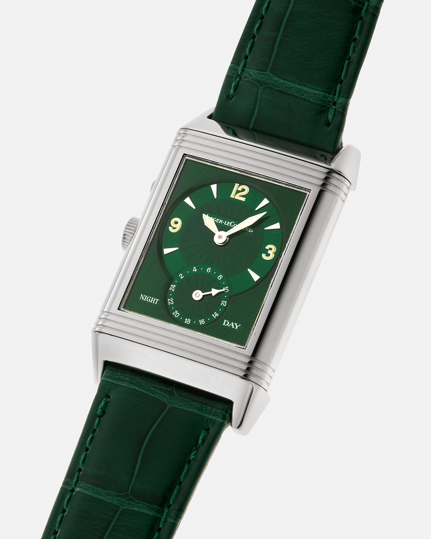Brand: Jaeger LeCoultre Year: 1999 Model: Reverso Duoface Japan Edition Green, Limited Edition of 300 Pieces Reference Number: 270.8.54 Material: Stainless Steel Movement: Jaeger LeCoultre Cal. 854, Manual-Wind Case Diameter: 42mm x 26mm Lug Width: 19mm Strap: Jaeger LeCoultre Green Alligator Leather with Signed Stainless Steel Deployant Clasp