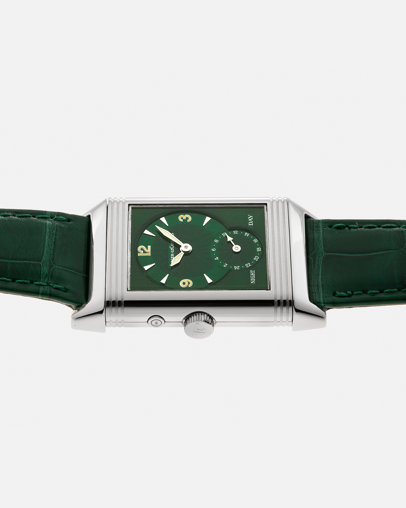 Brand: Jaeger LeCoultre Year: 1999 Model: Reverso Duoface Japan Edition Green, Limited Edition of 300 Pieces Reference Number: 270.8.54 Material: Stainless Steel Movement: Jaeger LeCoultre Cal. 854, Manual-Wind Case Diameter: 42mm x 26mm Lug Width: 19mm Strap: Jaeger LeCoultre Green Alligator Leather with Signed Stainless Steel Deployant Clasp