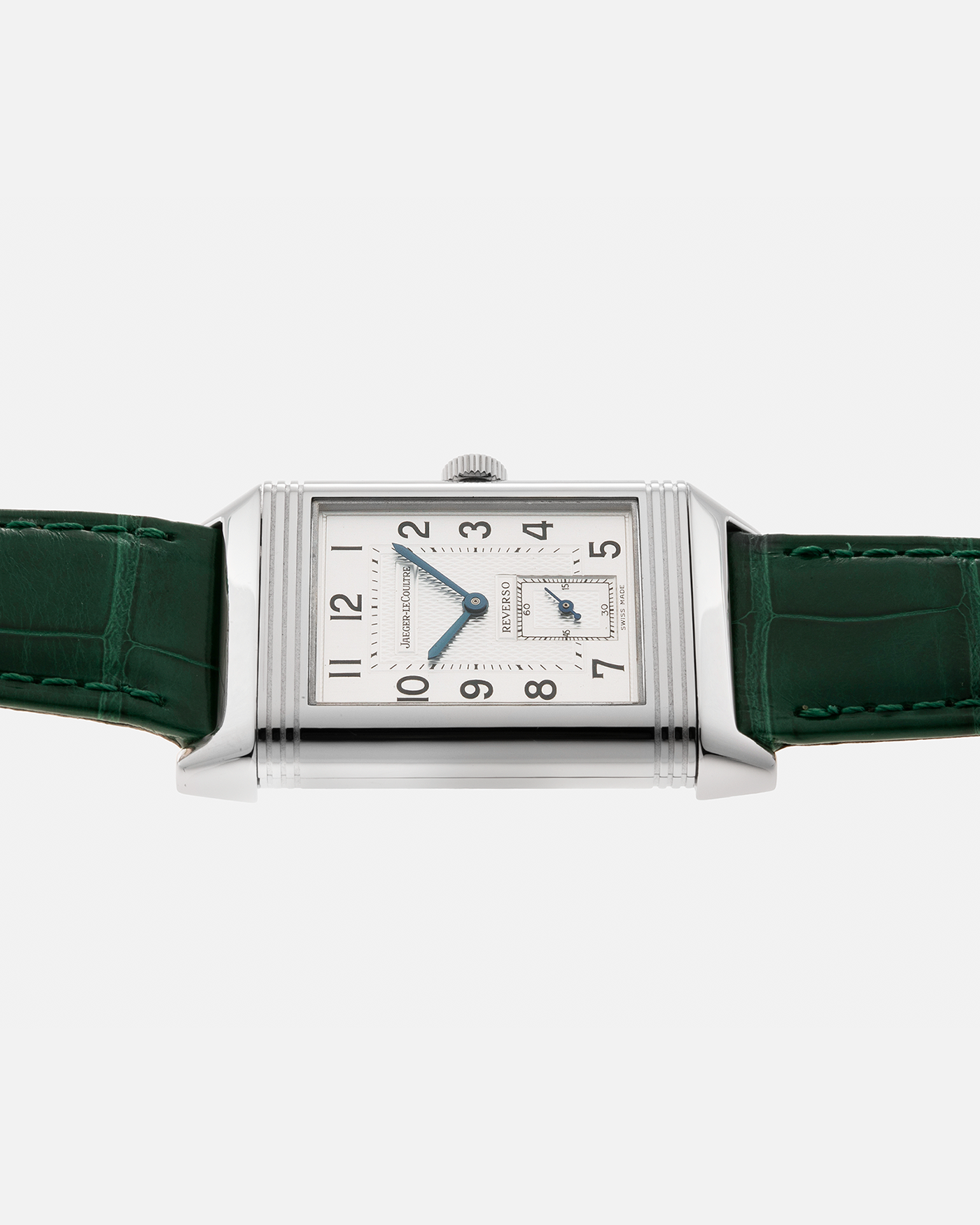 Brand: Jaeger LeCoultre Year: 1999 Model: Reverso Duoface Japan Edition Green, Limited Edition of 300 Pieces Reference Number: 270.8.54 Material: Stainless Steel Movement: Jaeger LeCoultre Cal. 854, Manual-Wind Case Diameter: 42mm x 26mm Lug Width: 19mm Strap: Jaeger LeCoultre Green Alligator Leather with Signed Stainless Steel Deployant Clasp
