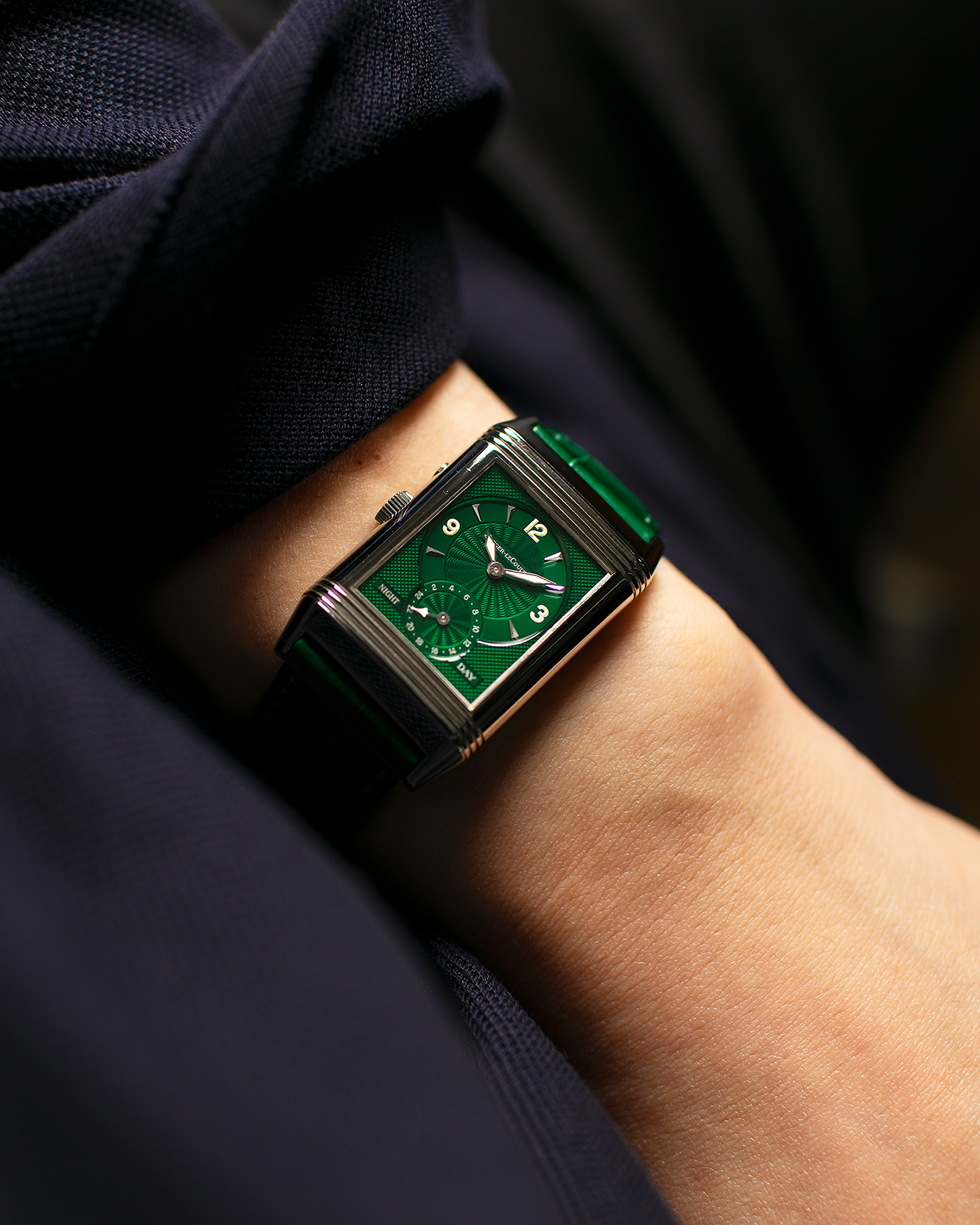 Brand: Jaeger LeCoultre Year: 1999 Model: Reverso Duoface Japan Edition Green, Limited Edition of 300 Pieces Reference Number: 270.8.54 Material: Stainless Steel Movement: Jaeger LeCoultre Cal. 854, Manual-Wind Case Diameter: 42mm x 26mm Lug Width: 19mm Strap: Jaeger LeCoultre Green Alligator Leather with Signed Stainless Steel Deployant Clasp
