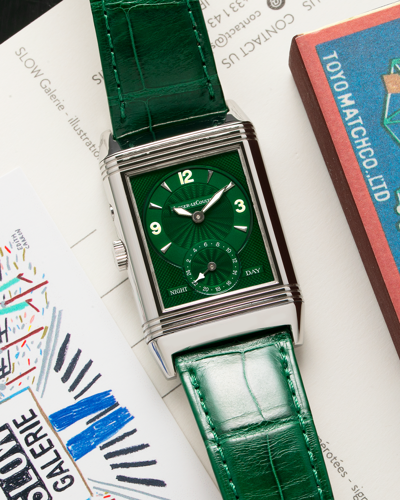 Brand: Jaeger LeCoultre Year: 1999 Model: Reverso Duoface Japan Edition Green, Limited Edition of 300 Pieces Reference Number: 270.8.54 Material: Stainless Steel Movement: Jaeger LeCoultre Cal. 854, Manual-Wind Case Diameter: 42mm x 26mm Lug Width: 19mm Strap: Jaeger LeCoultre Green Alligator Leather with Signed Stainless Steel Deployant Clasp