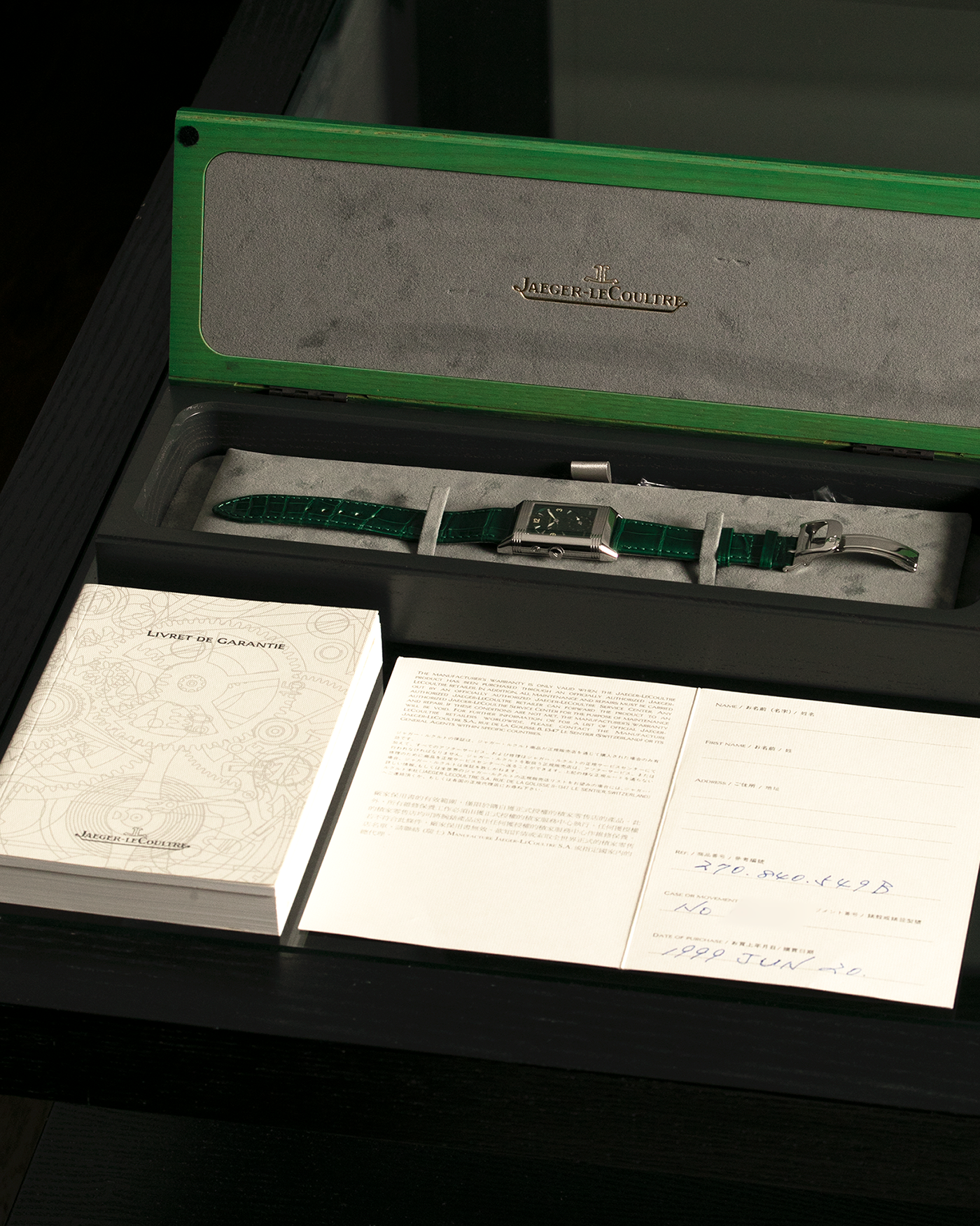 Brand: Jaeger LeCoultre Year: 1999 Model: Reverso Duoface Japan Edition Green, Limited Edition of 300 Pieces Reference Number: 270.8.54 Material: Stainless Steel Movement: Jaeger LeCoultre Cal. 854, Manual-Wind Case Diameter: 42mm x 26mm Lug Width: 19mm Strap: Jaeger LeCoultre Green Alligator Leather with Signed Stainless Steel Deployant Clasp