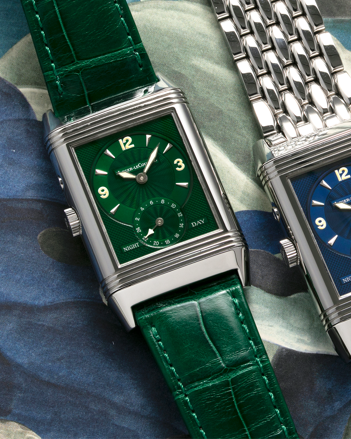 Brand: Jaeger LeCoultre Year: 1999 Model: Reverso Duoface Japan Edition Green, Limited Edition of 300 Pieces Reference Number: 270.8.54 Material: Stainless Steel Movement: Jaeger LeCoultre Cal. 854, Manual-Wind Case Diameter: 42mm x 26mm Lug Width: 19mm Strap: Jaeger LeCoultre Green Alligator Leather with Signed Stainless Steel Deployant Clasp