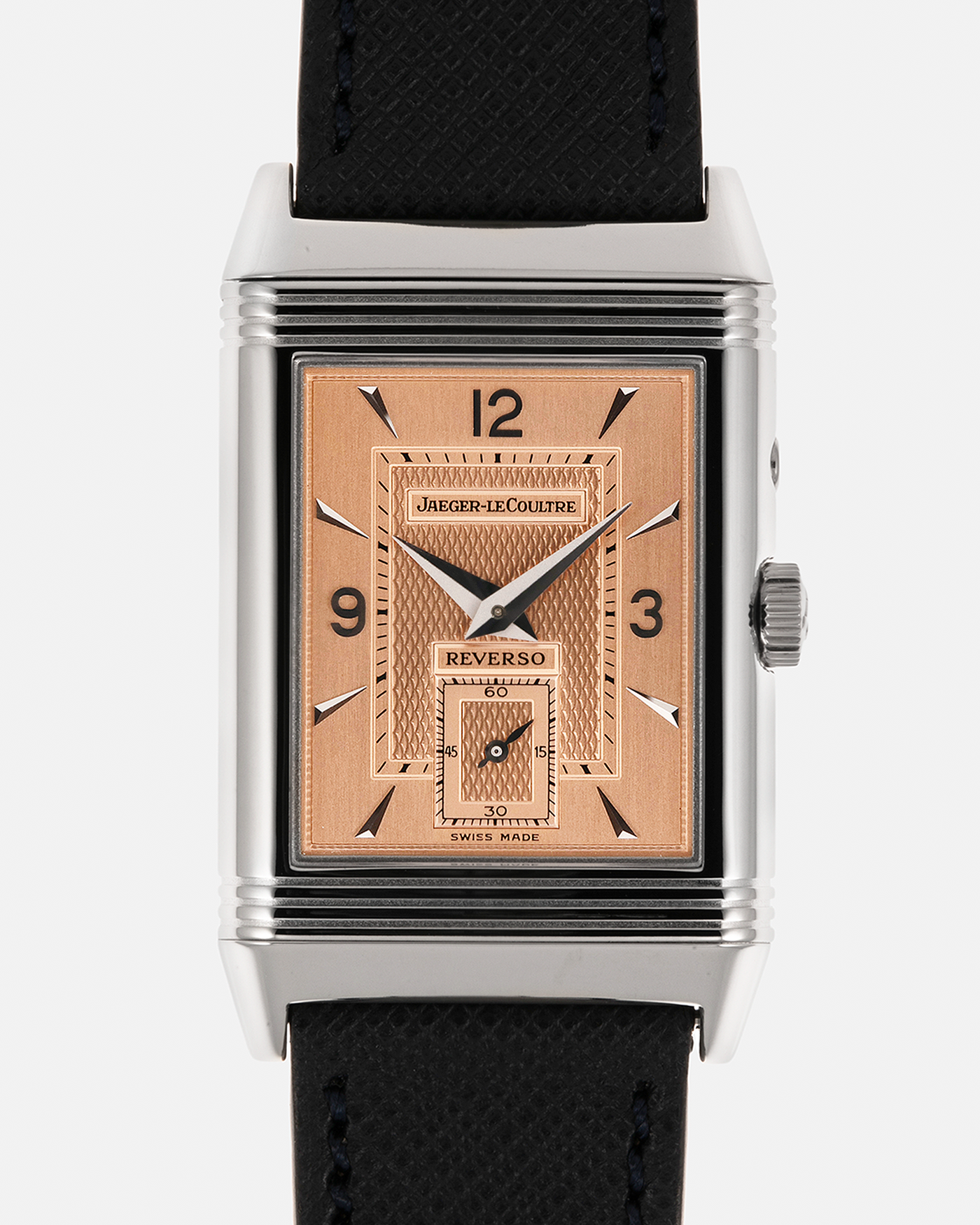 Brand: Jaeger LeCoultre
Year: 1990s
Model: Reverso Duoface Japan Edition, Limited Edition of 250 pieces
Reference: 270.0.54A
Material: 18-carat White Gold, 18-carat Rose Gold
Movement: Jaeger LeCoultre Cal. 854, Manual-Wind
Case Dimensions: 42mm (Including Lugs) x 26mm
Lug Width: 19mm
Strap: Molequin Dark Navy Textured Calf Leather Strap with Signed 18-carat White Gold Deployant Clasp