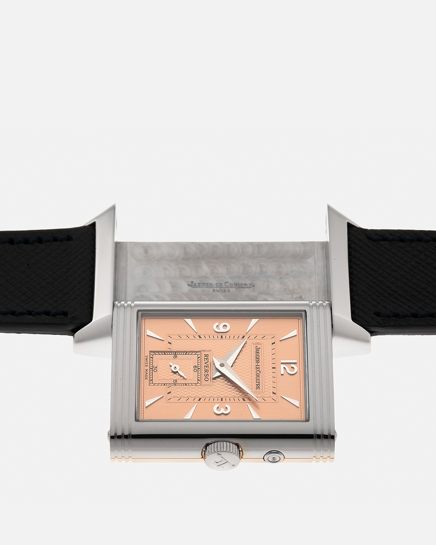 Brand: Jaeger LeCoultre
Year: 1990s
Model: Reverso Duoface Japan Edition, Limited Edition of 250 pieces
Reference: 270.0.54A
Material: 18-carat White Gold, 18-carat Rose Gold
Movement: Jaeger LeCoultre Cal. 854, Manual-Wind
Case Dimensions: 42mm (Including Lugs) x 26mm
Lug Width: 19mm
Strap: Molequin Dark Navy Textured Calf Leather Strap with Signed 18-carat White Gold Deployant Clasp