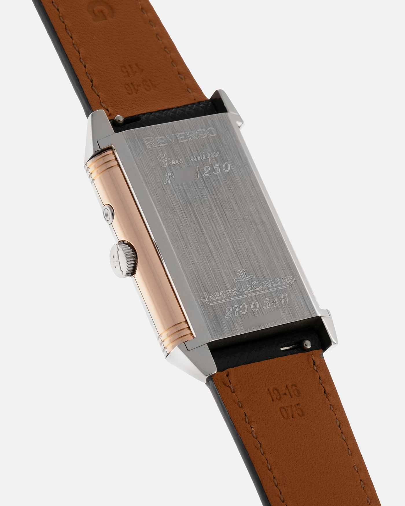 Brand: Jaeger LeCoultre
Year: 1990s
Model: Reverso Duoface Japan Edition, Limited Edition of 250 pieces
Reference: 270.0.54A
Material: 18-carat White Gold, 18-carat Rose Gold
Movement: Jaeger LeCoultre Cal. 854, Manual-Wind
Case Dimensions: 42mm (Including Lugs) x 26mm
Lug Width: 19mm
Strap: Molequin Dark Navy Textured Calf Leather Strap with Signed 18-carat White Gold Deployant Clasp