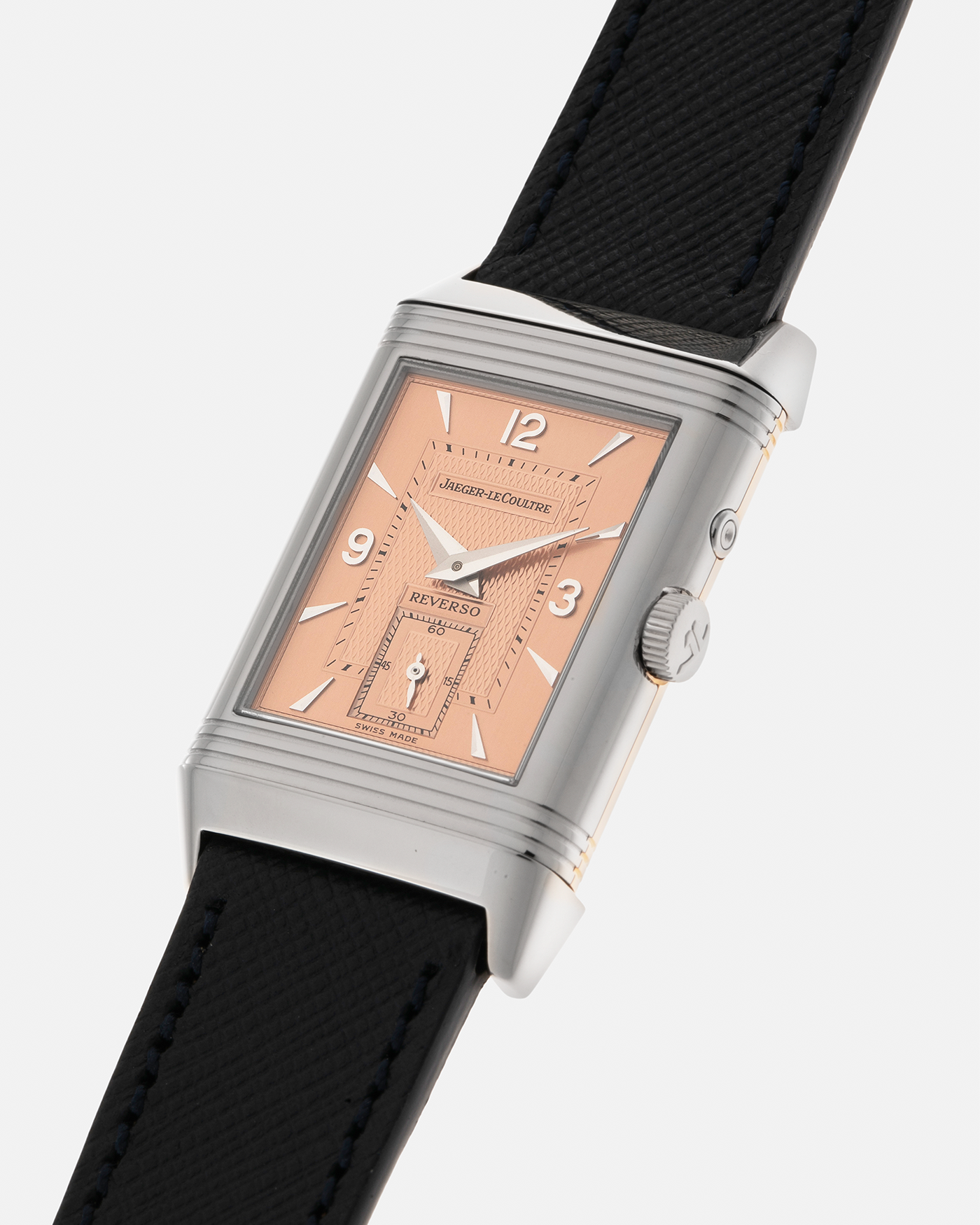 Brand: Jaeger LeCoultre
Year: 1990s
Model: Reverso Duoface Japan Edition, Limited Edition of 250 pieces
Reference: 270.0.54A
Material: 18-carat White Gold, 18-carat Rose Gold
Movement: Jaeger LeCoultre Cal. 854, Manual-Wind
Case Dimensions: 42mm (Including Lugs) x 26mm
Lug Width: 19mm
Strap: Molequin Dark Navy Textured Calf Leather Strap with Signed 18-carat White Gold Deployant Clasp