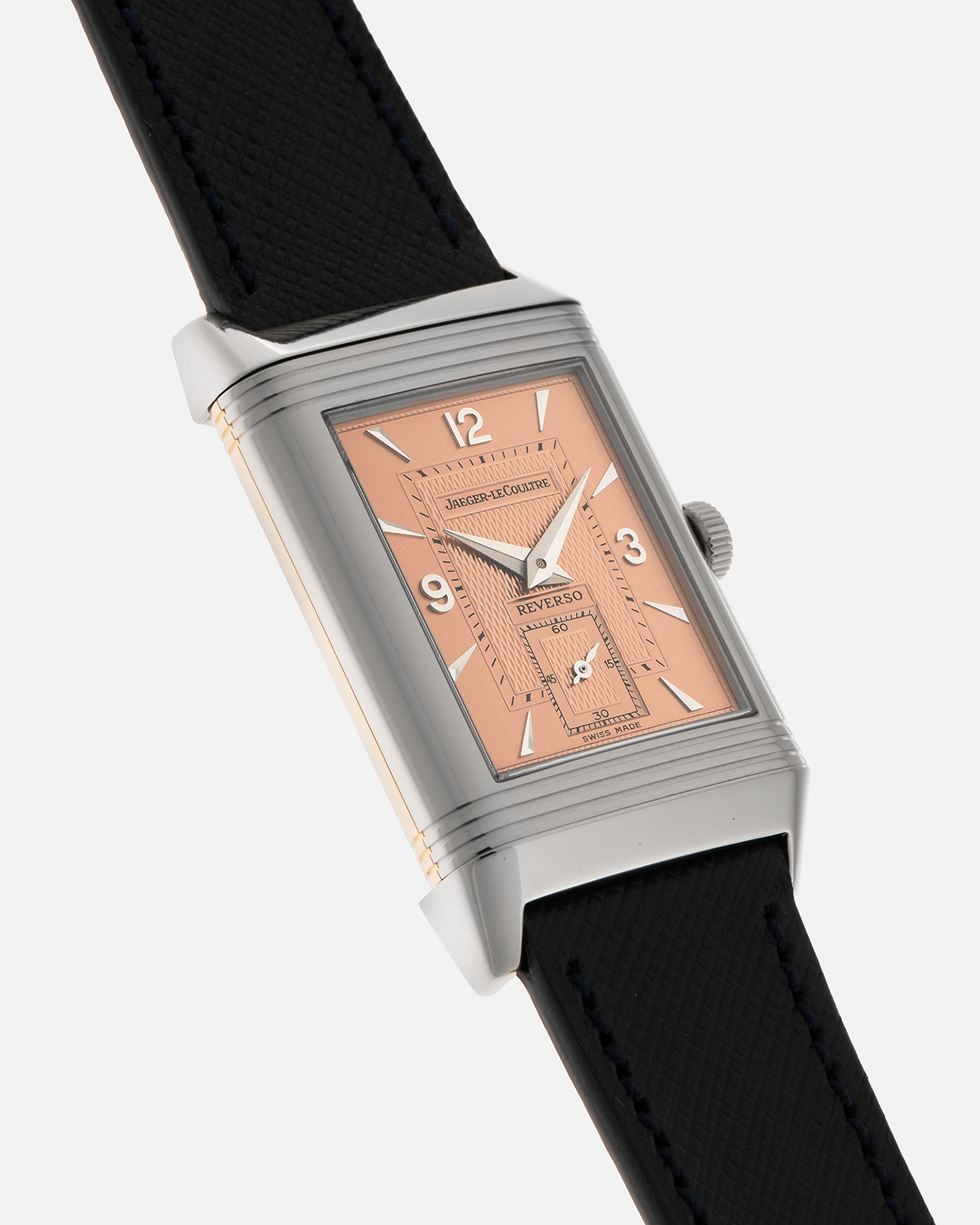 Brand: Jaeger LeCoultre
Year: 1990s
Model: Reverso Duoface Japan Edition, Limited Edition of 250 pieces
Reference: 270.0.54A
Material: 18-carat White Gold, 18-carat Rose Gold
Movement: Jaeger LeCoultre Cal. 854, Manual-Wind
Case Dimensions: 42mm (Including Lugs) x 26mm
Lug Width: 19mm
Strap: Molequin Dark Navy Textured Calf Leather Strap with Signed 18-carat White Gold Deployant Clasp