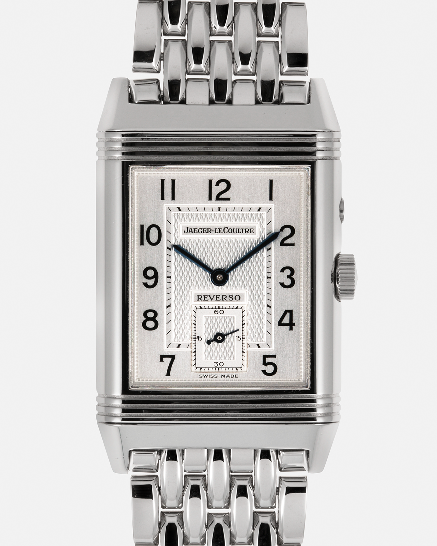 Brand: Jaeger LeCoultre Year: 2011 Model: Reverso Duoface Japan Edition Blue, Limited Edition of 300 Pieces Reference Number: 270.8.54 Material: Stainless Steel Movement: Jaeger LeCoultre Cal. 854, Manual-Wind Case Diameter: 42mm x 26mm Lug Width: 19mm Bracelet/Strap: Jaeger LeCoultre Stainless Steel Bracelet, additional Jaeger LeCoultre Black Alligator Leather Strap with Signed Stainless Steel Deployant Clasp