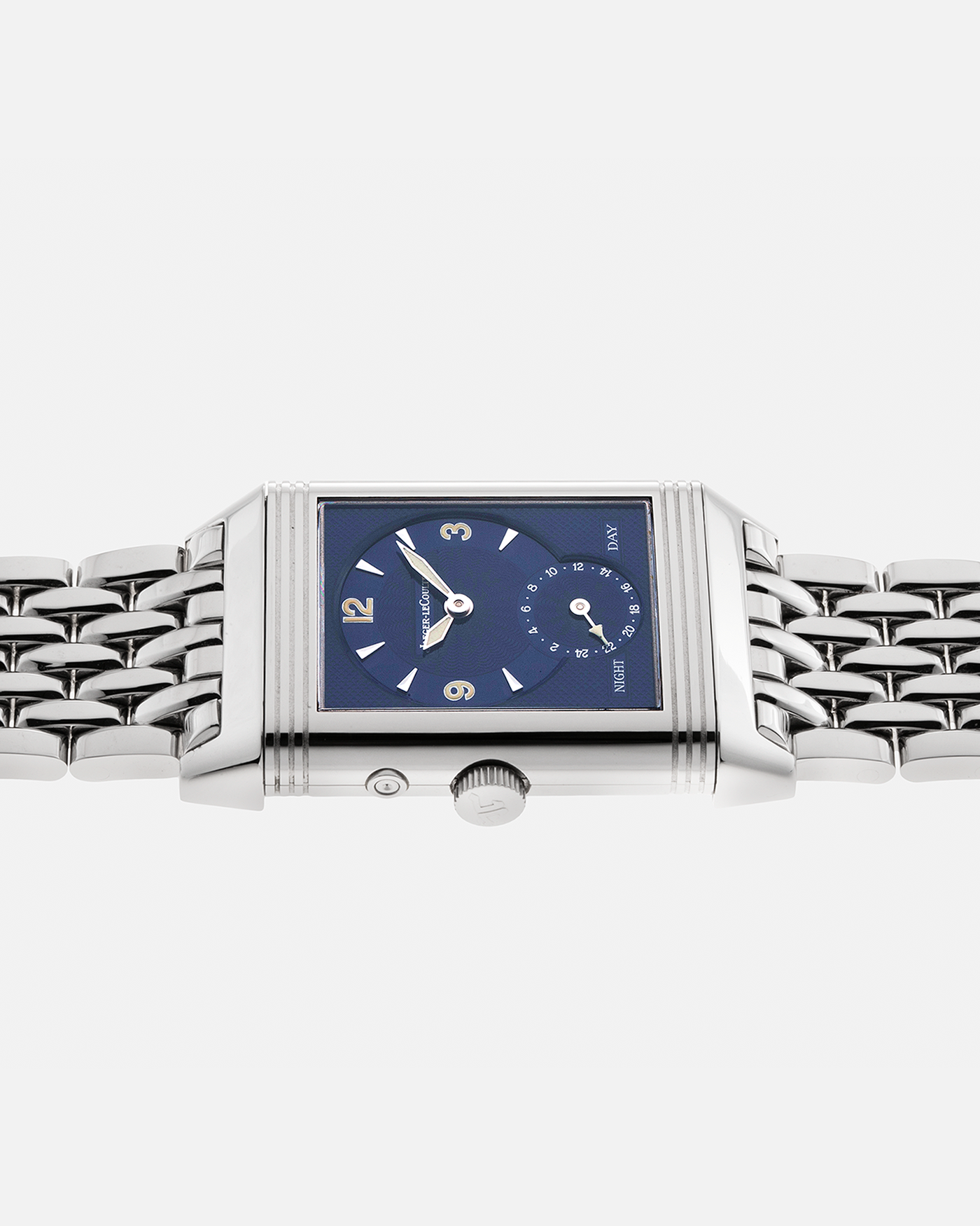 Brand: Jaeger LeCoultre Year: 2011 Model: Reverso Duoface Japan Edition Blue, Limited Edition of 300 Pieces Reference Number: 270.8.54 Material: Stainless Steel Movement: Jaeger LeCoultre Cal. 854, Manual-Wind Case Diameter: 42mm x 26mm Lug Width: 19mm Bracelet/Strap: Jaeger LeCoultre Stainless Steel Bracelet, additional Jaeger LeCoultre Black Alligator Leather Strap with Signed Stainless Steel Deployant Clasp