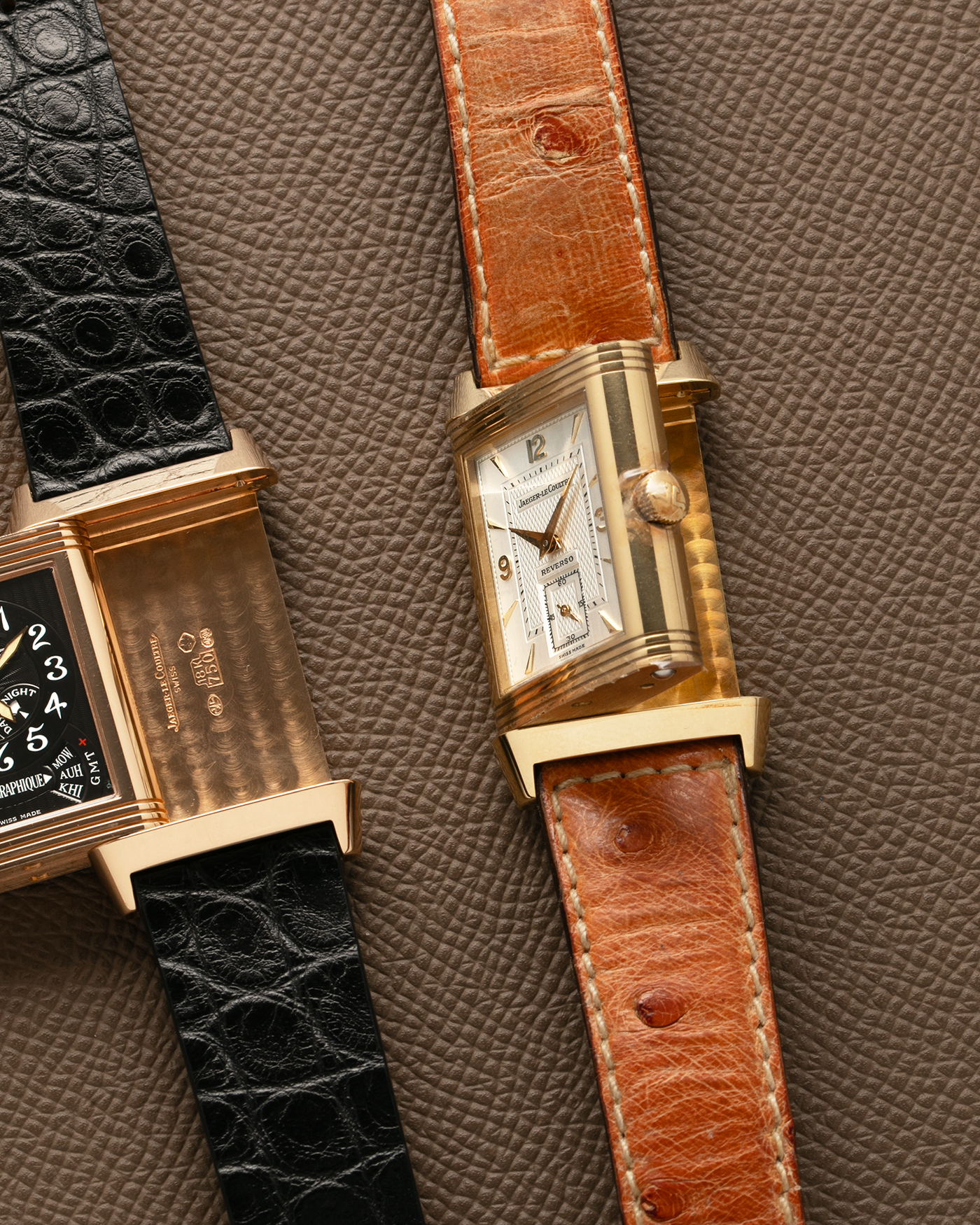 Brand: Jaeger LeCoultre
Year: 1995
Model: Reverso Geneva Fountain / Cathedral Saint-Pierre
Reference: 275.1.62 / 275.142.626 YG
Material: 18k Yellow Gold
Movement: Jaeger LeCoultre Cal. 852, Manual-Winding
Case Dimensions: 42mm X 26mm (10mm Thickness)
Lug Width: 19mm
Strap: Brown Jaeger-LeCoutre Ostrich Leather Strap with Jaeger-LeCoultre 18k Yellow Gold Tang Buckle