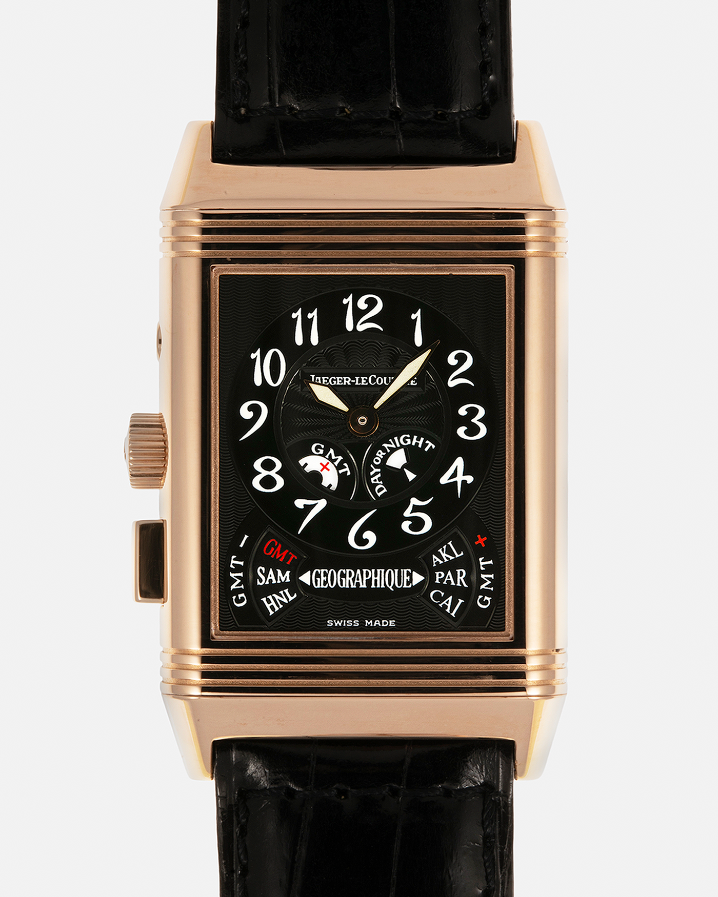 Brand: Jaeger LeCoultre
Year: 1998
Model: Reverso Géographique World Time Duoface, Limited to 500 pieces
Reference: 270.2.58
Material: 18-carat Rose Gold
Movement: Jaeger LeCoultre Cal. 858, Manual-Winding
Case Dimensions: 42mm (Including Lugs) x 26mm x 10mm
Lug Width: 19mm
Strap: Jaeger LeCoultre Black Alligator Leather Strap with Signed 18-carat Rose Gold Deployant Clasp