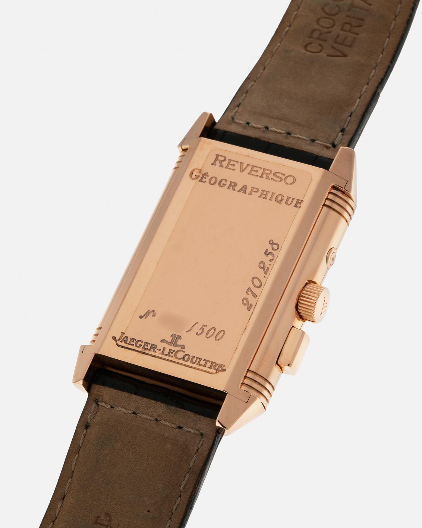 Brand: Jaeger LeCoultre
Year: 1998
Model: Reverso Géographique World Time Duoface, Limited to 500 pieces
Reference: 270.2.58
Material: 18-carat Rose Gold
Movement: Jaeger LeCoultre Cal. 858, Manual-Winding
Case Dimensions: 42mm (Including Lugs) x 26mm x 10mm
Lug Width: 19mm
Strap: Jaeger LeCoultre Black Alligator Leather Strap with Signed 18-carat Rose Gold Deployant Clasp