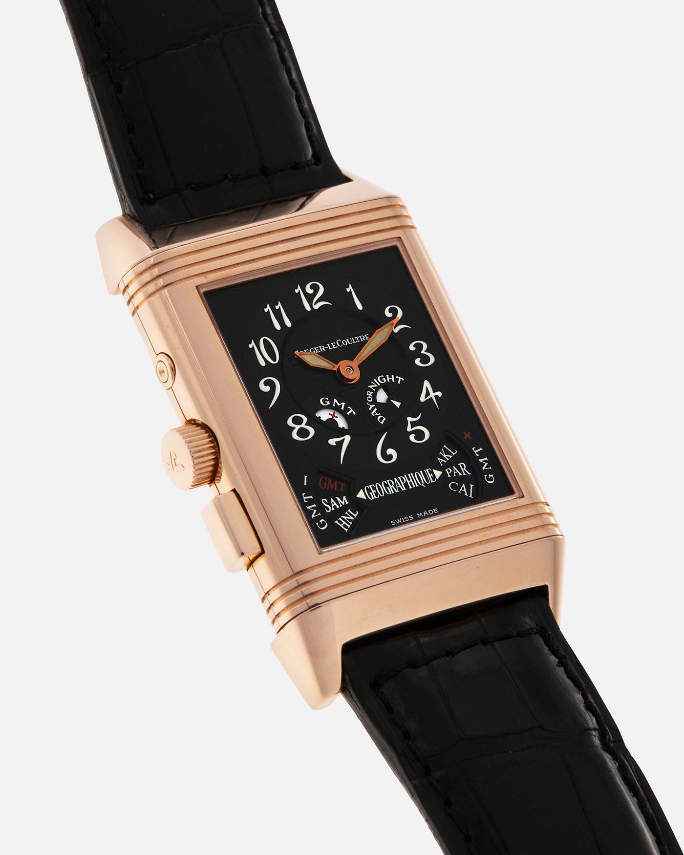 Brand: Jaeger LeCoultre
Year: 1998
Model: Reverso Géographique World Time Duoface, Limited to 500 pieces
Reference: 270.2.58
Material: 18-carat Rose Gold
Movement: Jaeger LeCoultre Cal. 858, Manual-Winding
Case Dimensions: 42mm (Including Lugs) x 26mm x 10mm
Lug Width: 19mm
Strap: Jaeger LeCoultre Black Alligator Leather Strap with Signed 18-carat Rose Gold Deployant Clasp