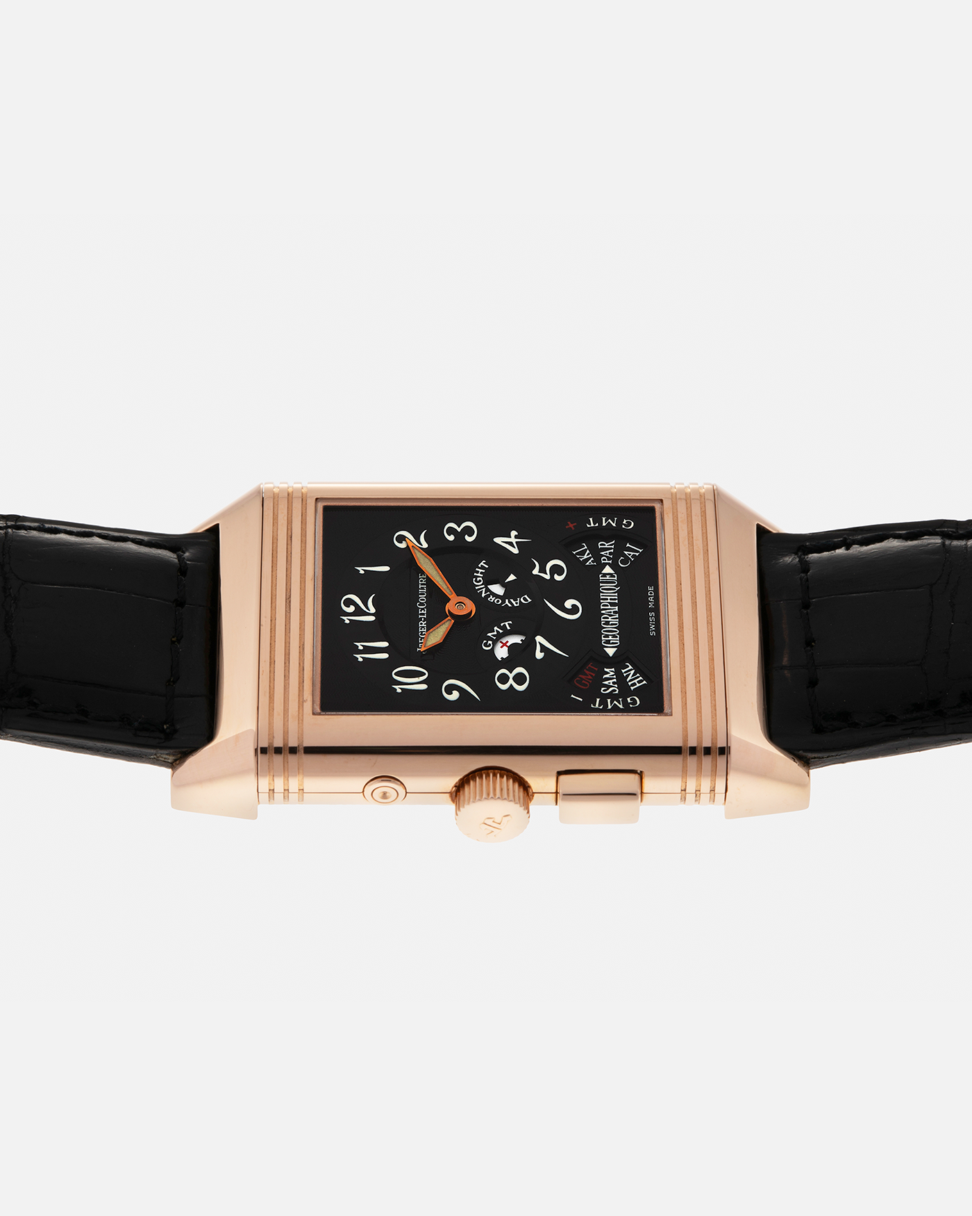 Brand: Jaeger LeCoultre
Year: 1998
Model: Reverso Géographique World Time Duoface, Limited to 500 pieces
Reference: 270.2.58
Material: 18-carat Rose Gold
Movement: Jaeger LeCoultre Cal. 858, Manual-Winding
Case Dimensions: 42mm (Including Lugs) x 26mm x 10mm
Lug Width: 19mm
Strap: Jaeger LeCoultre Black Alligator Leather Strap with Signed 18-carat Rose Gold Deployant Clasp