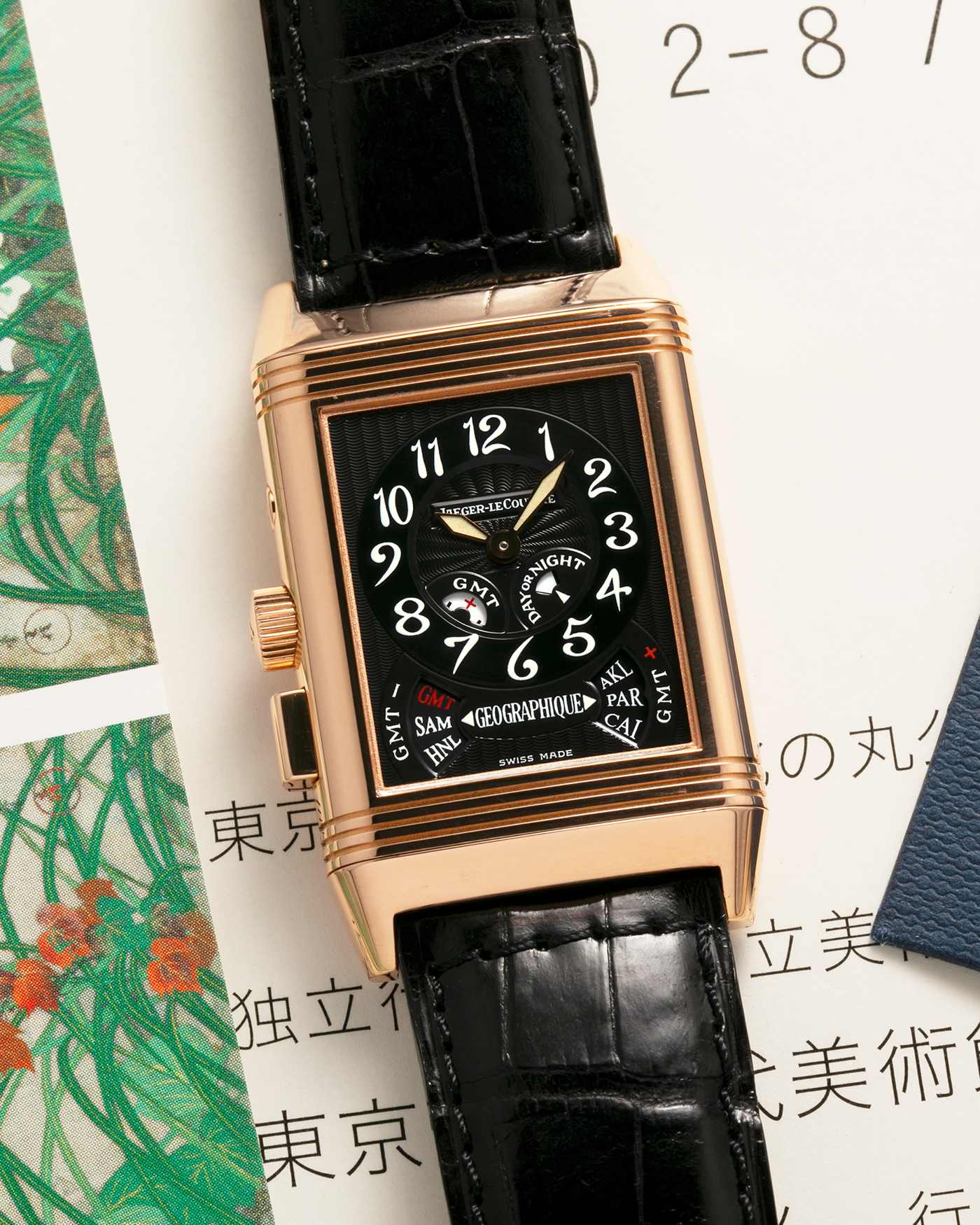 Brand: Jaeger LeCoultre
Year: 1998
Model: Reverso Géographique World Time Duoface, Limited to 500 pieces
Reference: 270.2.58
Material: 18-carat Rose Gold
Movement: Jaeger LeCoultre Cal. 858, Manual-Winding
Case Dimensions: 42mm (Including Lugs) x 26mm x 10mm
Lug Width: 19mm
Strap: Jaeger LeCoultre Black Alligator Leather Strap with Signed 18-carat Rose Gold Deployant Clasp