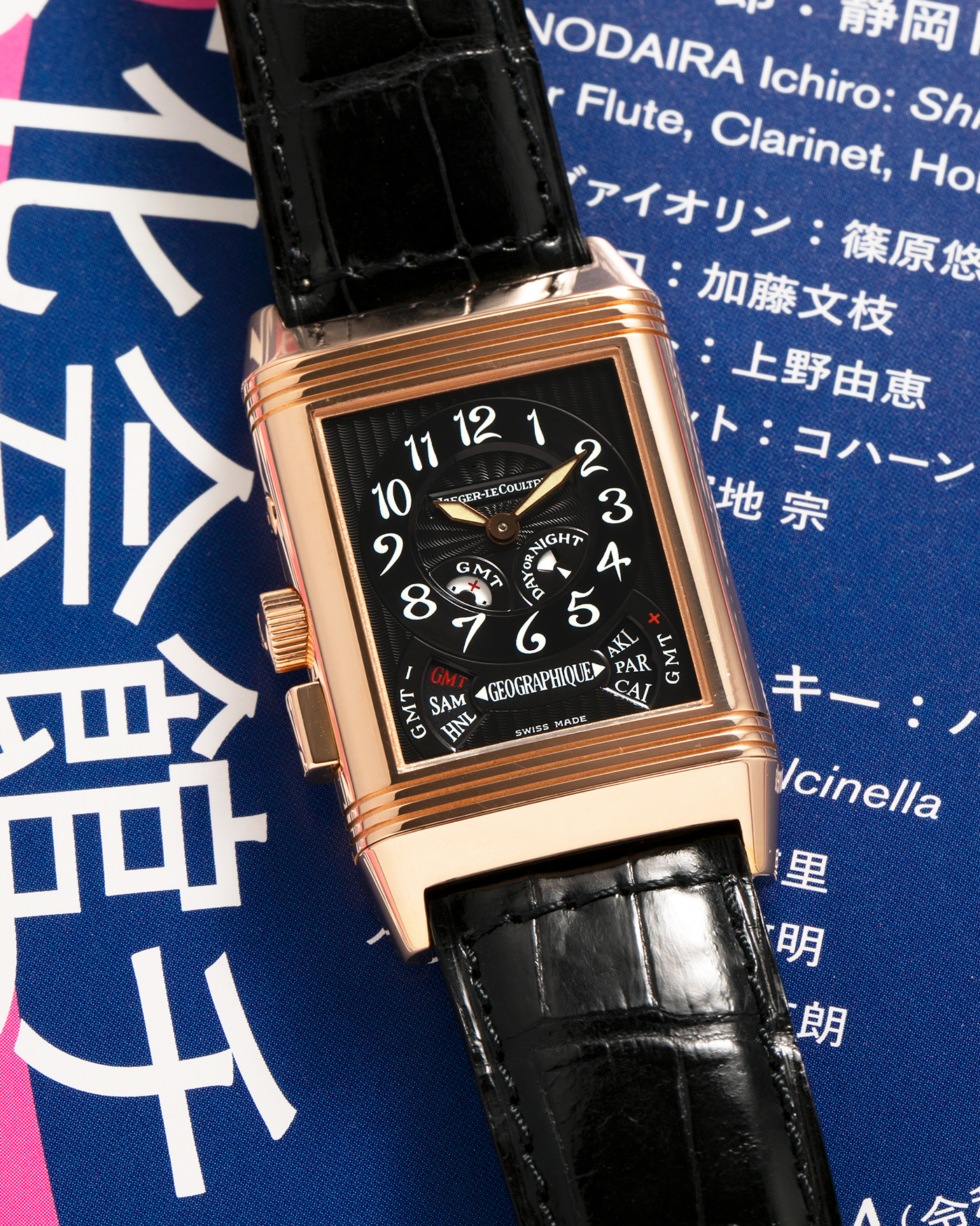 Brand: Jaeger LeCoultre
Year: 1998
Model: Reverso Géographique World Time Duoface, Limited to 500 pieces
Reference: 270.2.58
Material: 18-carat Rose Gold
Movement: Jaeger LeCoultre Cal. 858, Manual-Winding
Case Dimensions: 42mm (Including Lugs) x 26mm x 10mm
Lug Width: 19mm
Strap: Jaeger LeCoultre Black Alligator Leather Strap with Signed 18-carat Rose Gold Deployant Clasp