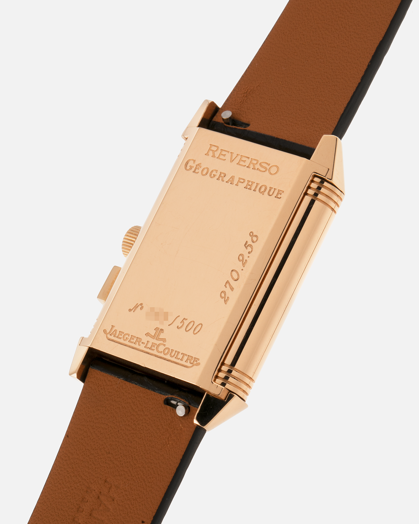 Brand: Jaeger LeCoultre
Year: 1998
Model: Reverso Géographique World Time Duoface, Limited to 500 pieces
Reference: 270.2.58
Material: 18k Rose Gold
Movement: Jaeger LeCoultre Cal. 858, Manual-Winding
Case Dimensions: 42mm (Including Lugs) x 26mm x 10mm
Lug Width: 19mm
Strap: Black Handdn Round-Scale Alligator Leather Strap with Jaeger-LeCoultre 18k Rose Gold Deployant Clasp