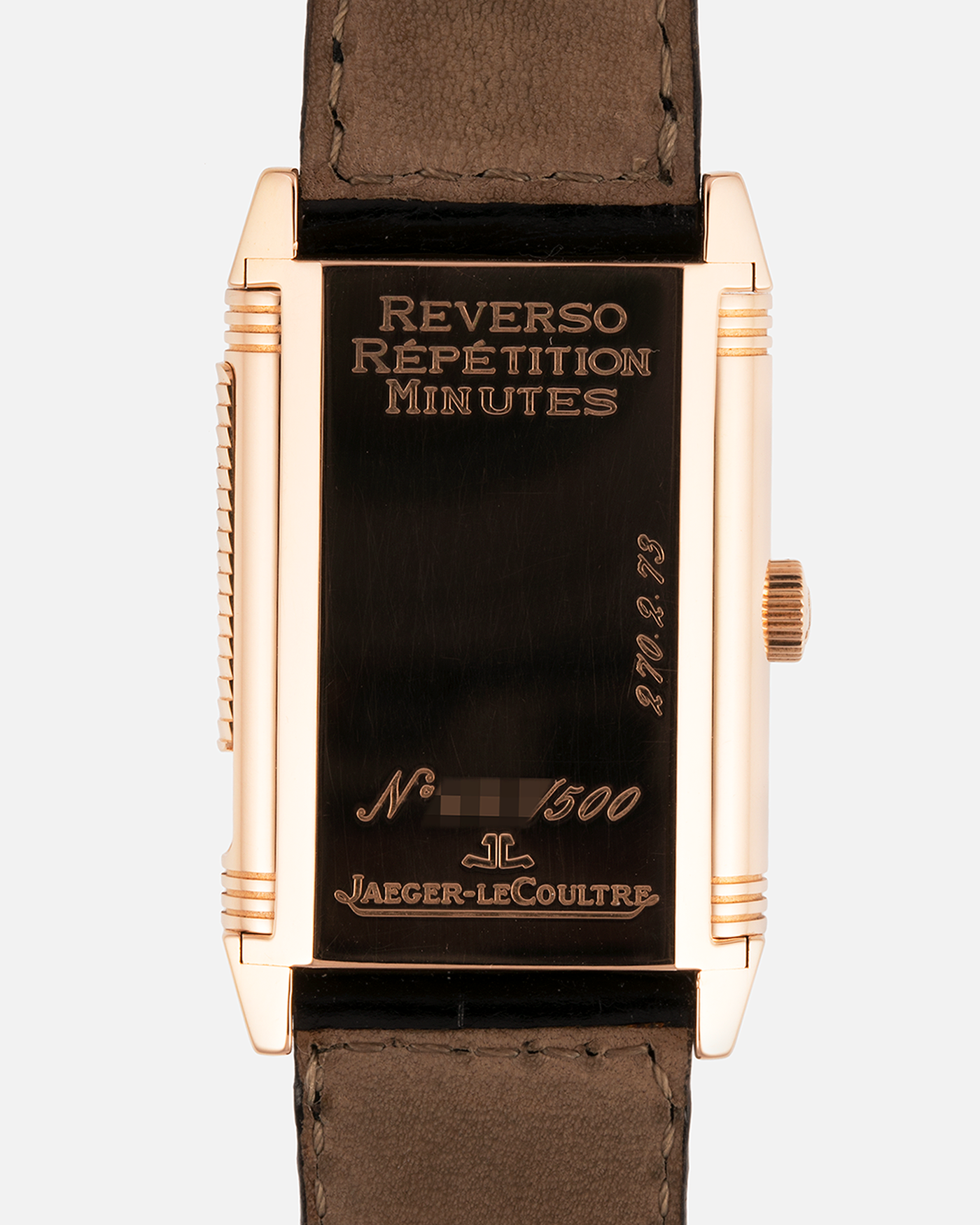 Brand: Jaeger LeCoultre
Year: 1994
Model: Reverso Minute Repeater, Limited to 500 pieces
Reference: 270.2.72
Material: 18-carat Rose Gold
Movement: Jaeger LeCoultre Cal. 943 , Manual-Winding
Case Dimensions: 42mm (Including Lugs) x 26mm x 10mm
Lug Width: 19mm
Strap: Black Jaeger-LeCoultre Alligator Strap and Signed Jaeger-LeCoultre 18-carat Rose Gold Deployant Clasp