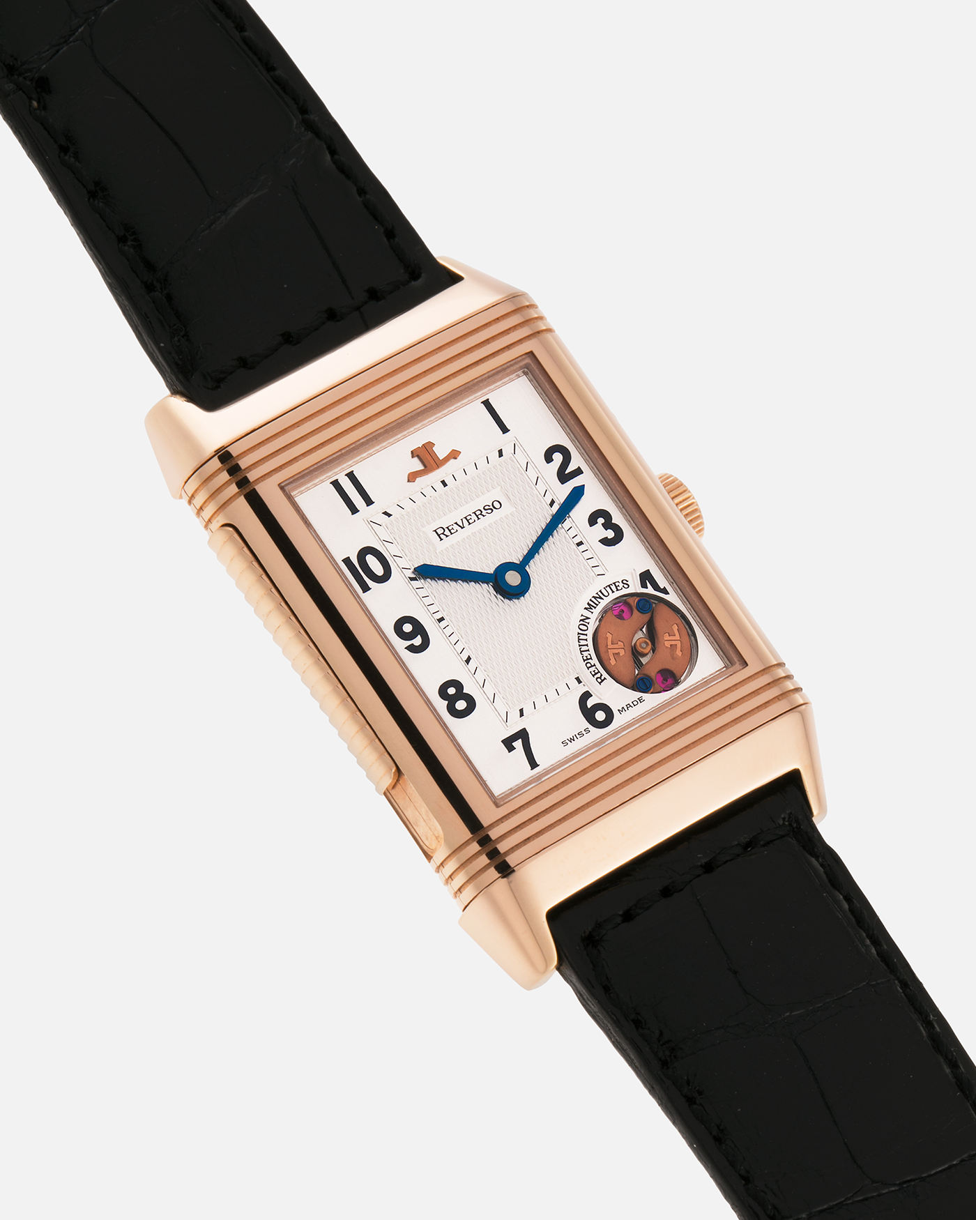 Brand: Jaeger LeCoultre
Year: 1994
Model: Reverso Minute Repeater, Limited to 500 pieces
Reference: 270.2.72
Material: 18-carat Rose Gold
Movement: Jaeger LeCoultre Cal. 943 , Manual-Winding
Case Dimensions: 42mm (Including Lugs) x 26mm x 10mm
Lug Width: 19mm
Strap: Black Jaeger-LeCoultre Alligator Strap and Signed Jaeger-LeCoultre 18-carat Rose Gold Deployant Clasp