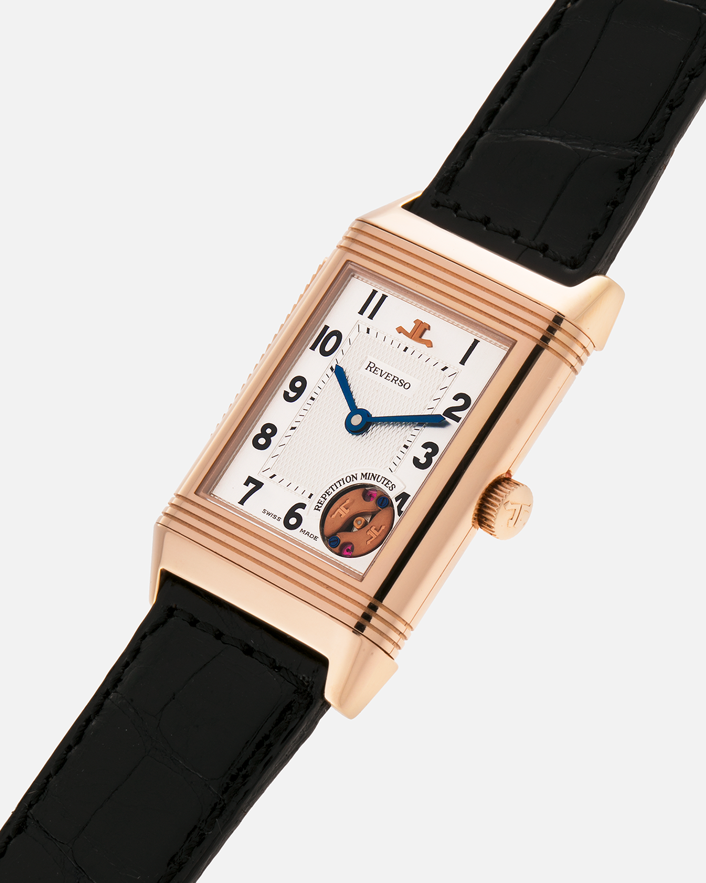 Brand: Jaeger LeCoultre
Year: 1994
Model: Reverso Minute Repeater, Limited to 500 pieces
Reference: 270.2.72
Material: 18-carat Rose Gold
Movement: Jaeger LeCoultre Cal. 943 , Manual-Winding
Case Dimensions: 42mm (Including Lugs) x 26mm x 10mm
Lug Width: 19mm
Strap: Black Jaeger-LeCoultre Alligator Strap and Signed Jaeger-LeCoultre 18-carat Rose Gold Deployant Clasp
