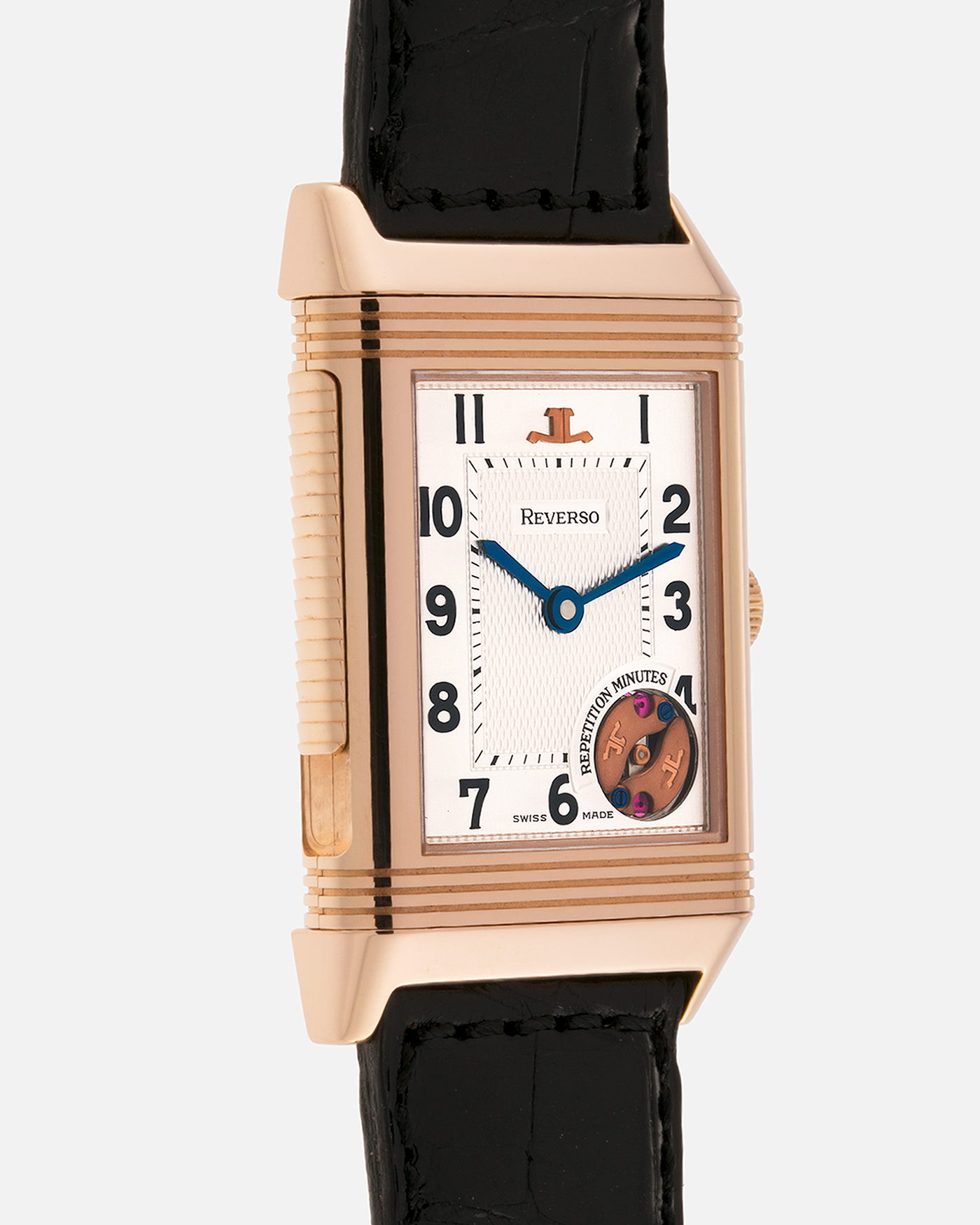Brand: Jaeger LeCoultre
Year: 1994
Model: Reverso Minute Repeater, Limited to 500 pieces
Reference: 270.2.72
Material: 18-carat Rose Gold
Movement: Jaeger LeCoultre Cal. 943 , Manual-Winding
Case Dimensions: 42mm (Including Lugs) x 26mm x 10mm
Lug Width: 19mm
Strap: Black Jaeger-LeCoultre Alligator Strap and Signed Jaeger-LeCoultre 18-carat Rose Gold Deployant Clasp