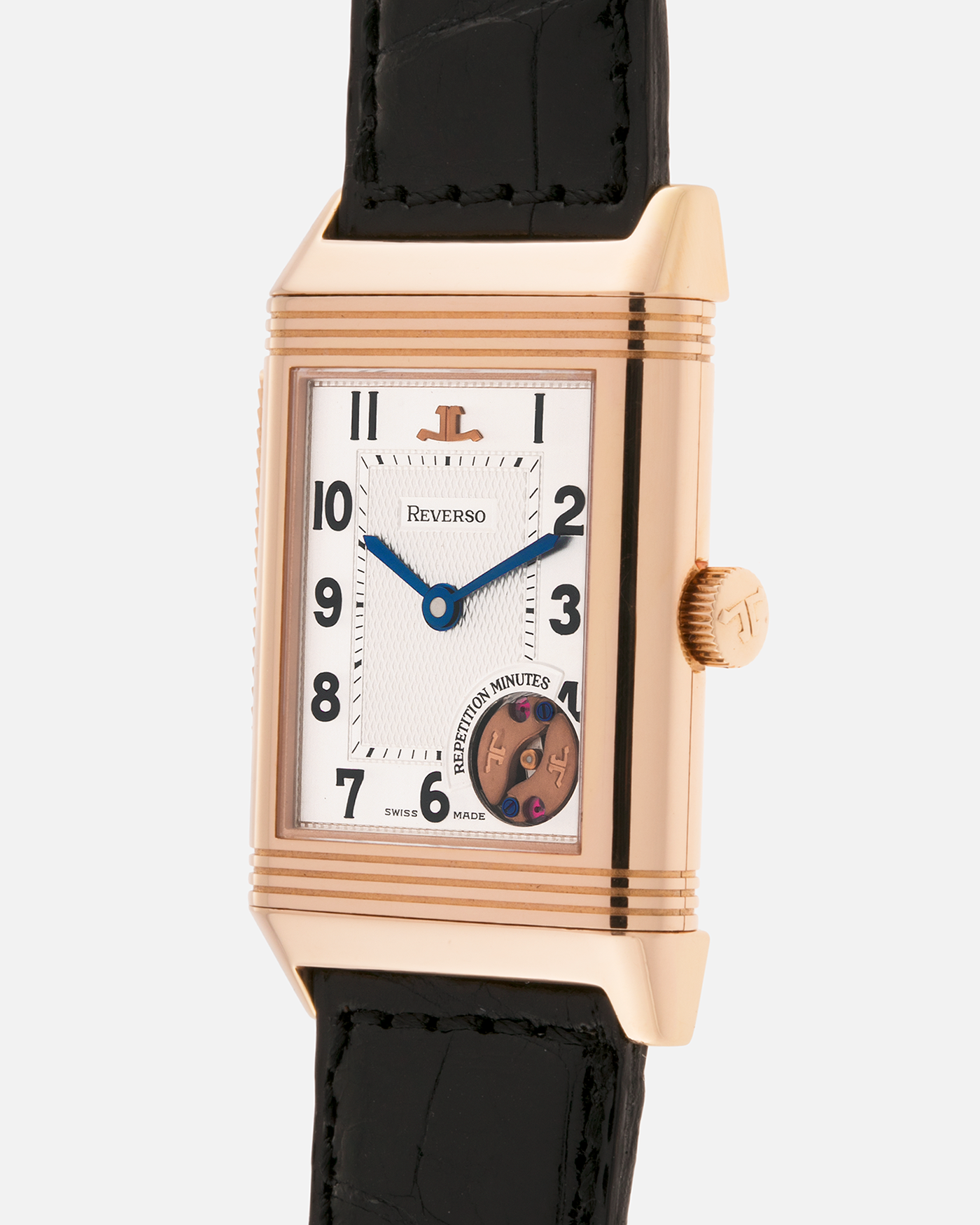 Brand: Jaeger LeCoultre
Year: 1994
Model: Reverso Minute Repeater, Limited to 500 pieces
Reference: 270.2.72
Material: 18-carat Rose Gold
Movement: Jaeger LeCoultre Cal. 943 , Manual-Winding
Case Dimensions: 42mm (Including Lugs) x 26mm x 10mm
Lug Width: 19mm
Strap: Black Jaeger-LeCoultre Alligator Strap and Signed Jaeger-LeCoultre 18-carat Rose Gold Deployant Clasp