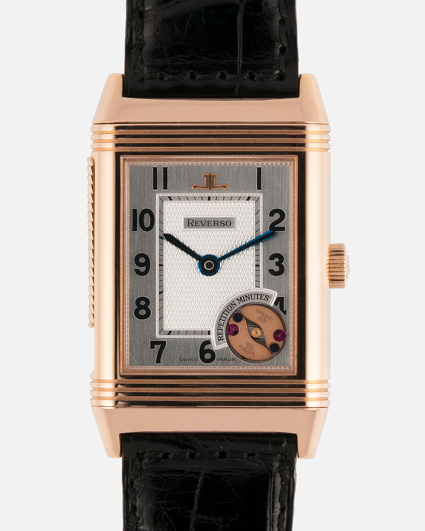 Brand: Jaeger LeCoultre
Year: 1994
Model: Reverso Minute Repeater, Limited to 500 pieces
Reference: 270.2.72
Material: 18-carat Rose Gold
Movement: Jaeger LeCoultre Cal. 943 , Manual-Winding
Case Dimensions: 42mm (Including Lugs) x 26mm x 10mm
Lug Width: 19mm
Strap: Black Jaeger-LeCoultre Alligator Strap and Signed Jaeger-LeCoultre 18-carat Rose Gold Deployant Clasp