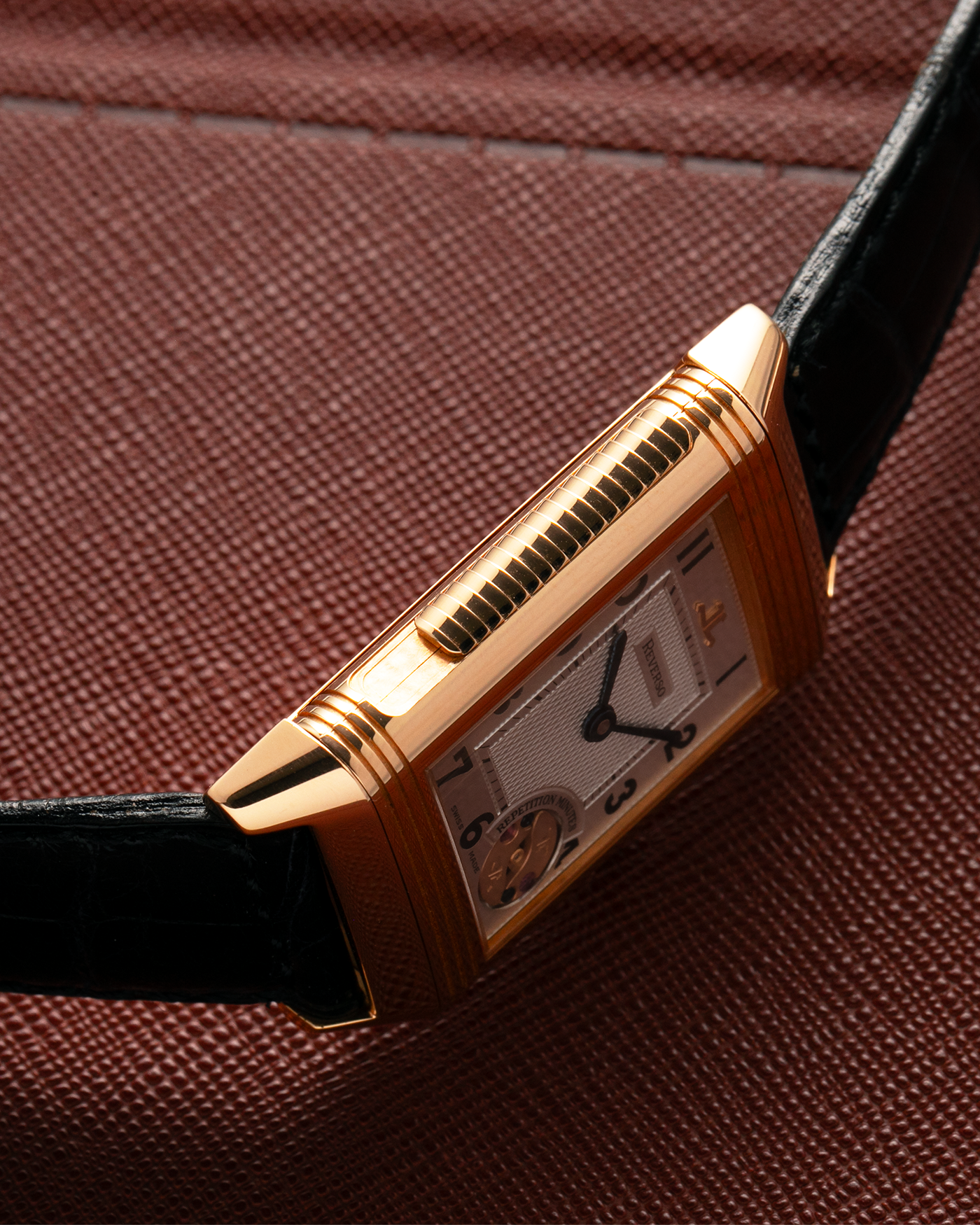 Brand: Jaeger LeCoultre
Year: 1994
Model: Reverso Minute Repeater, Limited to 500 pieces
Reference: 270.2.72
Material: 18-carat Rose Gold
Movement: Jaeger LeCoultre Cal. 943 , Manual-Winding
Case Dimensions: 42mm (Including Lugs) x 26mm x 10mm
Lug Width: 19mm
Strap: Black Jaeger-LeCoultre Alligator Strap and Signed Jaeger-LeCoultre 18-carat Rose Gold Deployant Clasp