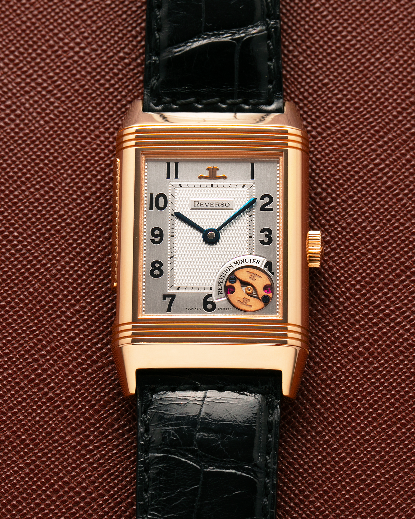 Brand: Jaeger LeCoultre
Year: 1994
Model: Reverso Minute Repeater, Limited to 500 pieces
Reference: 270.2.72
Material: 18-carat Rose Gold
Movement: Jaeger LeCoultre Cal. 943 , Manual-Winding
Case Dimensions: 42mm (Including Lugs) x 26mm x 10mm
Lug Width: 19mm
Strap: Black Jaeger-LeCoultre Alligator Strap and Signed Jaeger-LeCoultre 18-carat Rose Gold Deployant Clasp