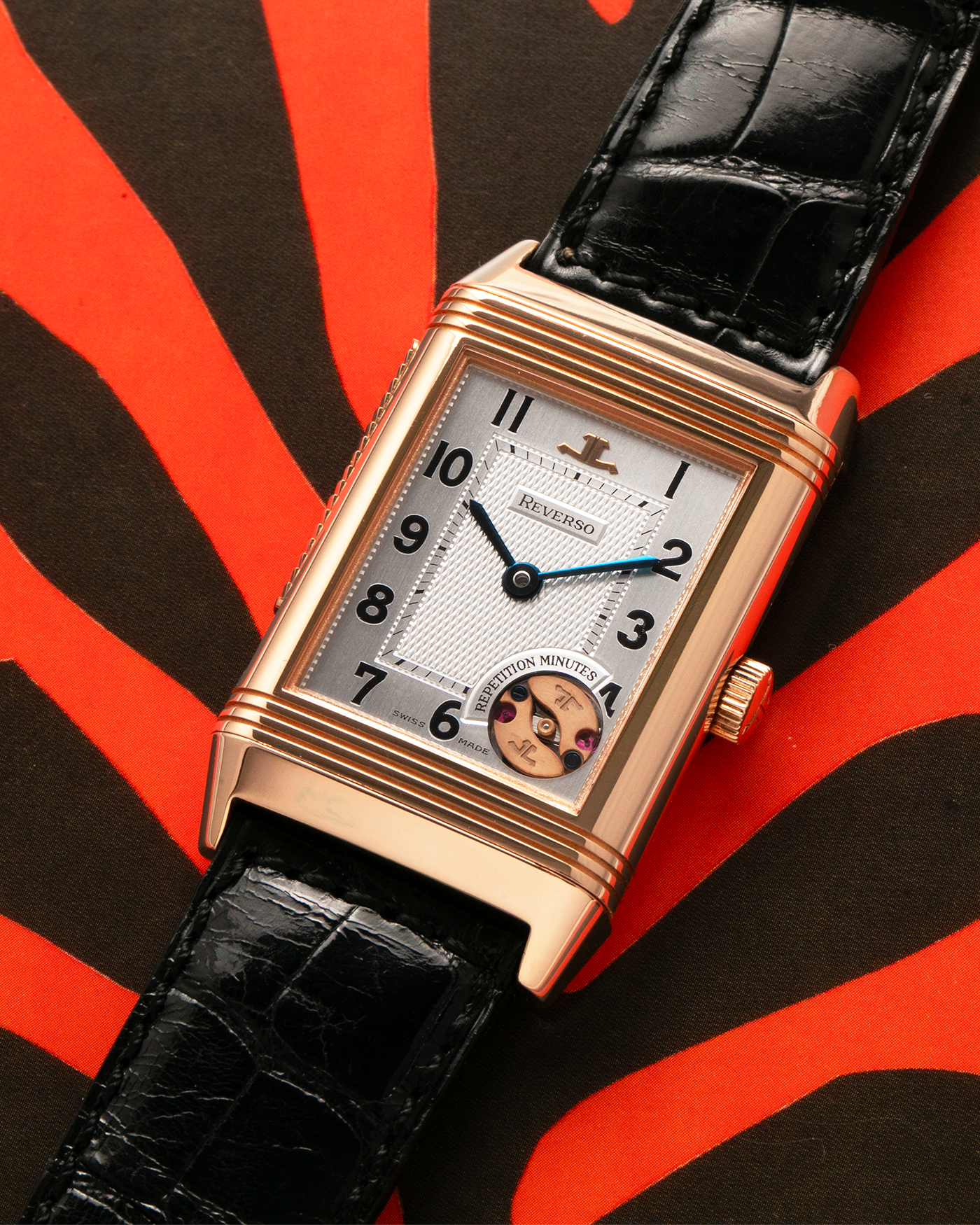 Brand: Jaeger LeCoultre
Year: 1994
Model: Reverso Minute Repeater, Limited to 500 pieces
Reference: 270.2.72
Material: 18-carat Rose Gold
Movement: Jaeger LeCoultre Cal. 943 , Manual-Winding
Case Dimensions: 42mm (Including Lugs) x 26mm x 10mm
Lug Width: 19mm
Strap: Black Jaeger-LeCoultre Alligator Strap and Signed Jaeger-LeCoultre 18-carat Rose Gold Deployant Clasp