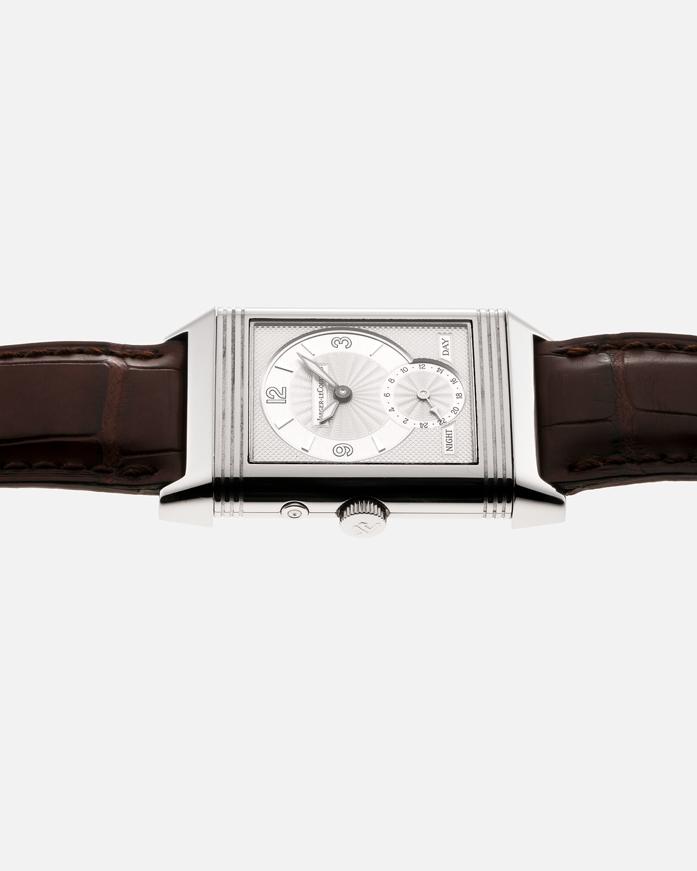 Brand: Jaeger-LeCoultre Year: 2000’s Model: Reverso Duo Night and Day Reference Number: 270.3.54 Material: 18-carat White Gold Movement: JLC Cal. 854, Manual-Wind Case Diameter: 42mm x 26mm Bracelet/Strap: Jaeger LeCoultre Brown Alligator Leather Strap with Signed 18-carat White Gold Deployant Clasp