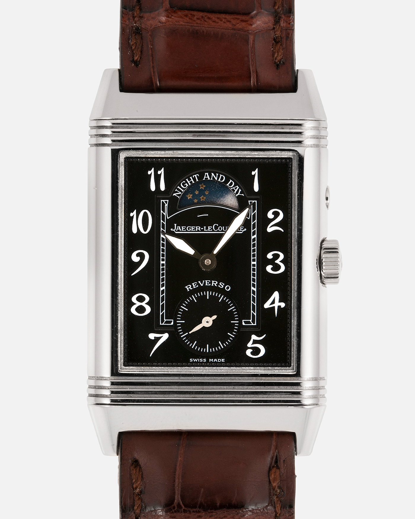 Brand: Jaeger-LeCoultre Year: 2000’s Model: Reverso Duo Night and Day Reference Number: 270.3.54 Material: 18-carat White Gold Movement: JLC Cal. 854, Manual-Wind Case Diameter: 42mm x 26mm Bracelet/Strap: Jaeger LeCoultre Brown Alligator Leather Strap with Signed 18-carat White Gold Deployant Clasp