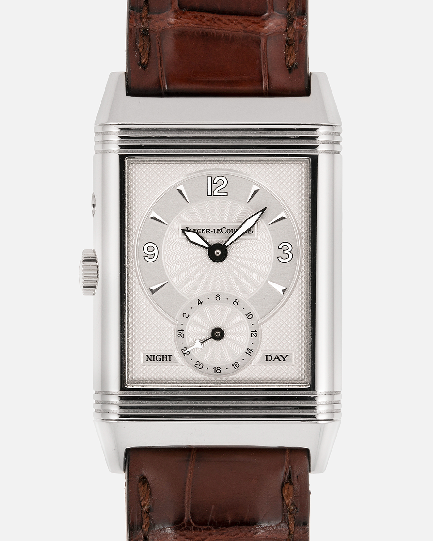 Brand: Jaeger-LeCoultre Year: 2000’s Model: Reverso Duo Night and Day Reference Number: 270.3.54 Material: 18-carat White Gold Movement: JLC Cal. 854, Manual-Wind Case Diameter: 42mm x 26mm Bracelet/Strap: Jaeger LeCoultre Brown Alligator Leather Strap with Signed 18-carat White Gold Deployant Clasp