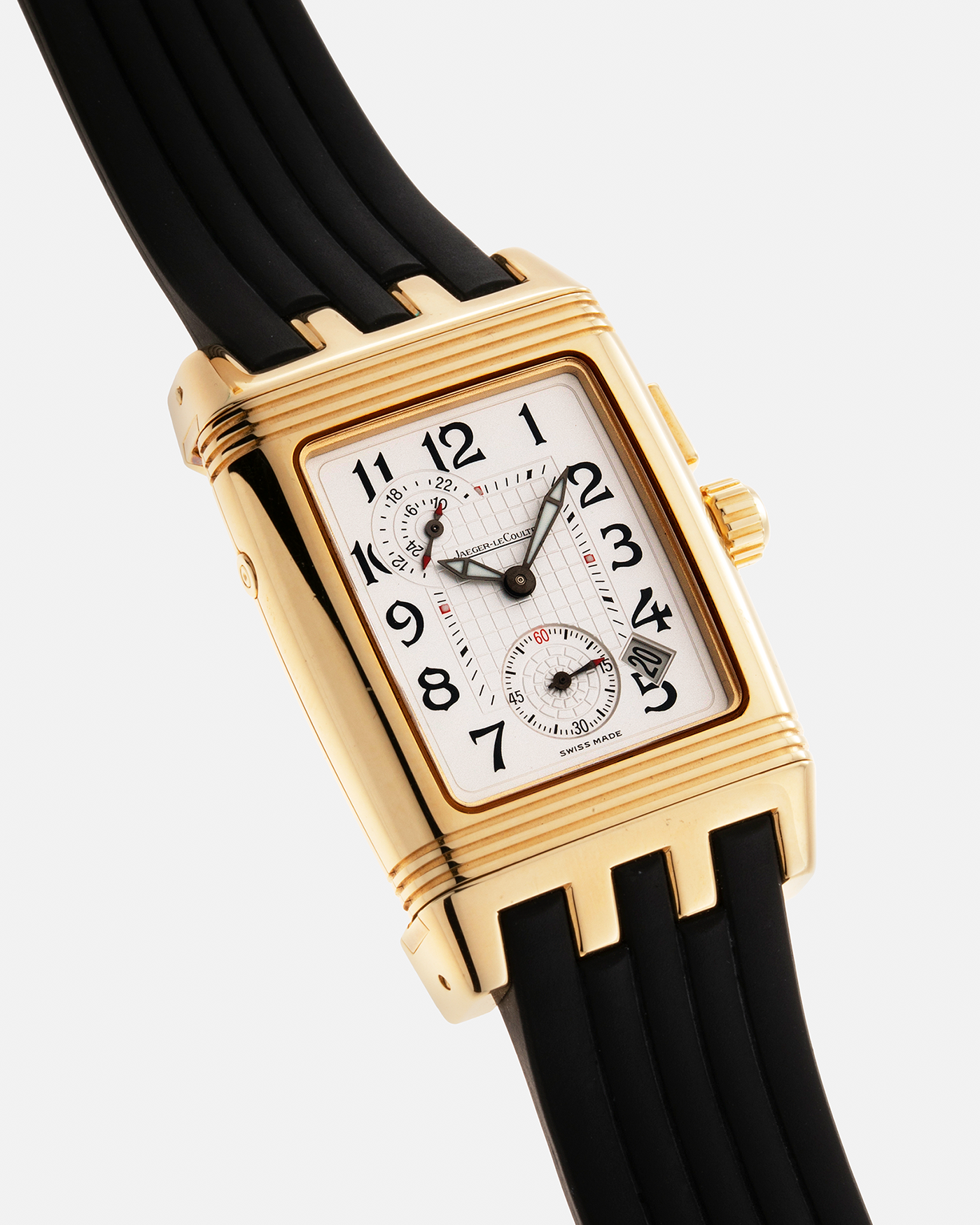 Brand: Jaeger LeCoultre Year: 2000’s Model: Reverso Night and Day Gran’ Sport Duo Model Number: Q2941601 Reference Number: 295.1.51 Material: 18-carat Yellow Gold Movement: JLC Cal. 851, Manual-Wind Case Diameter: 44mm x 38mm Strap: Jaeger LeCoultre Gran’ Sport Rubber Strap with Signed 18-carat Yellow Gold Deployant Clasp