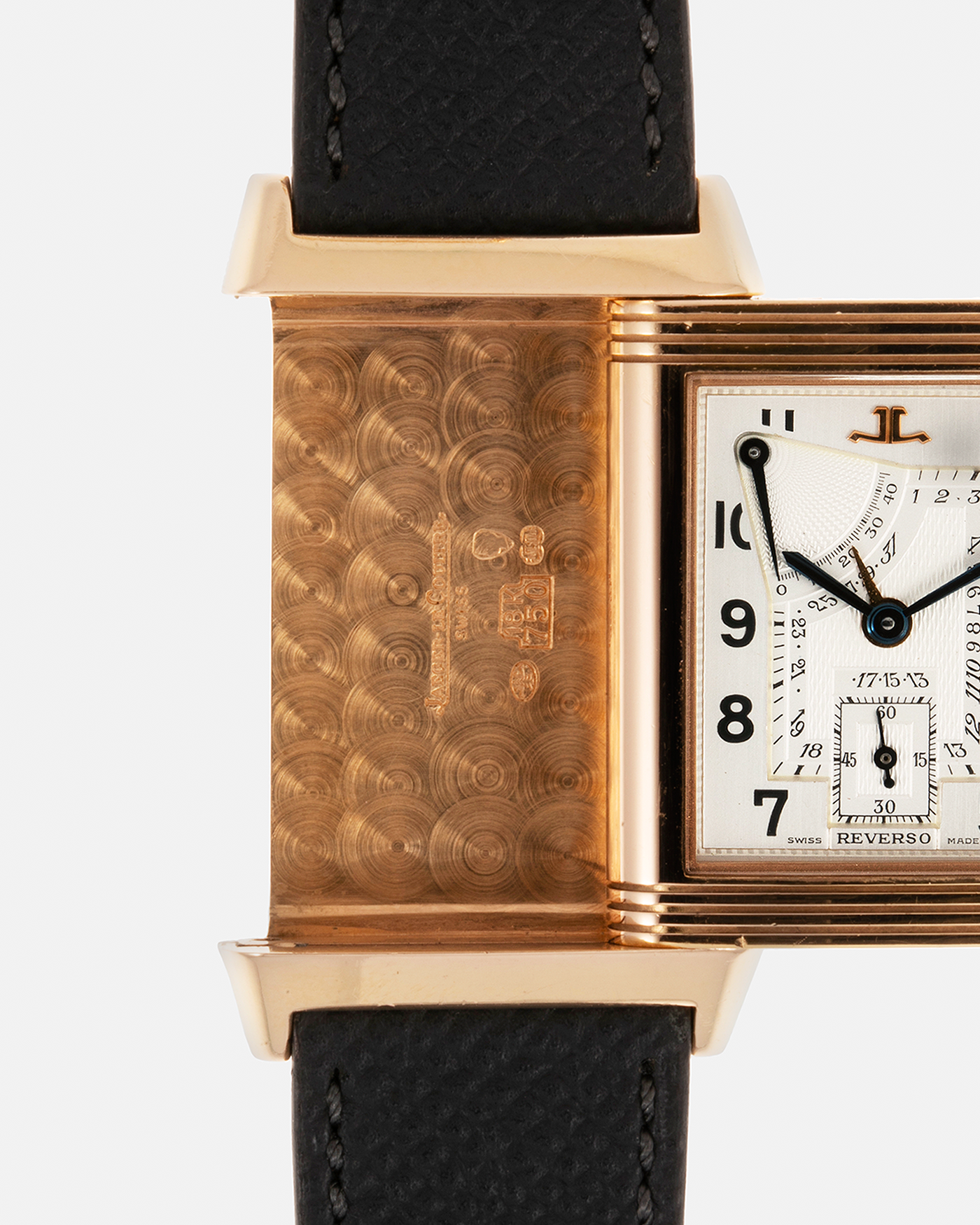 Brand: Jaeger LeCoultre Year: 1991 Model: Reverso Soixantième 60th Anniversary Ref. 270.2.64, Limited to 500 Pieces Reference: 270.2.64 Material: 18-carat Rose Gold Movement: JLC Cal. 824, Manual-Wind Case Diameter: 42mm x 26mm x 9.5mm Lug Width: 19mm Strap: Molequin Grey Textured Calf with Signed 18-carat Pink Gold Deployant Clasp