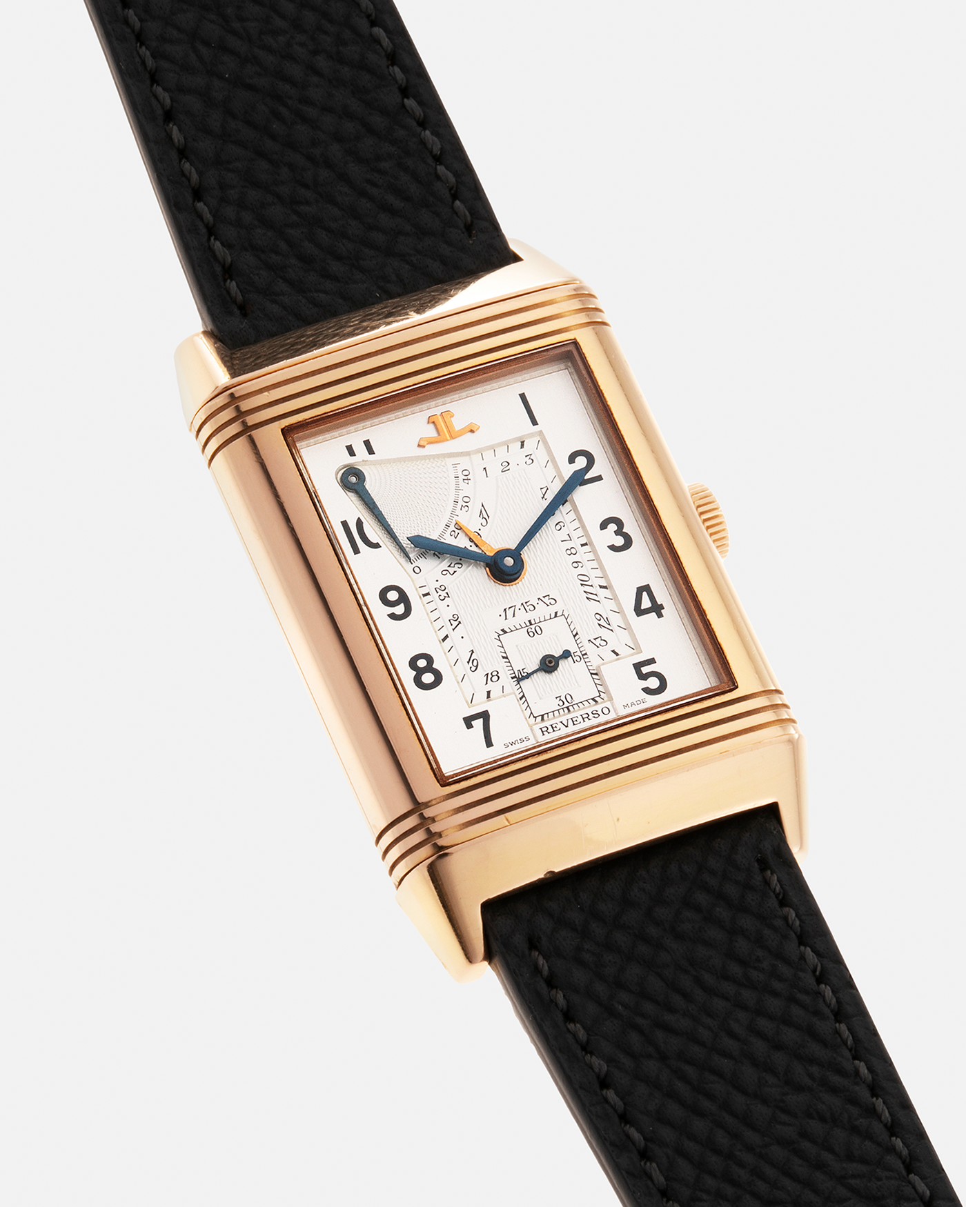 Brand: Jaeger LeCoultre Year: 1991 Model: Reverso Soixantième 60th Anniversary Ref. 270.2.64, Limited to 500 Pieces Reference: 270.2.64 Material: 18-carat Rose Gold Movement: JLC Cal. 824, Manual-Wind Case Diameter: 42mm x 26mm x 9.5mm Lug Width: 19mm Strap: Molequin Grey Textured Calf with Signed 18-carat Pink Gold Deployant Clasp
