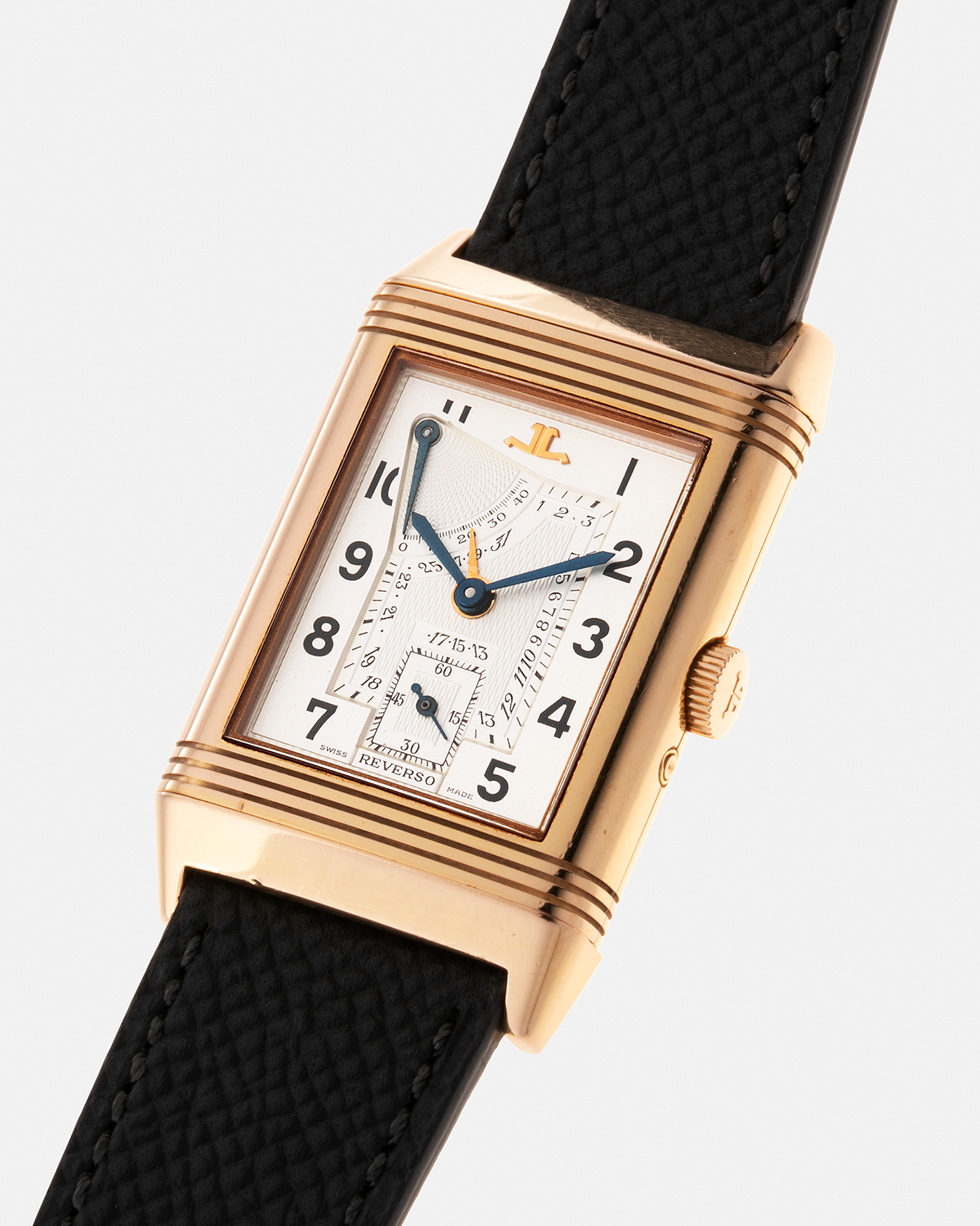 Brand: Jaeger LeCoultre Year: 1991 Model: Reverso Soixantième 60th Anniversary Ref. 270.2.64, Limited to 500 Pieces Reference: 270.2.64 Material: 18-carat Rose Gold Movement: JLC Cal. 824, Manual-Wind Case Diameter: 42mm x 26mm x 9.5mm Lug Width: 19mm Strap: Molequin Grey Textured Calf with Signed 18-carat Pink Gold Deployant Clasp