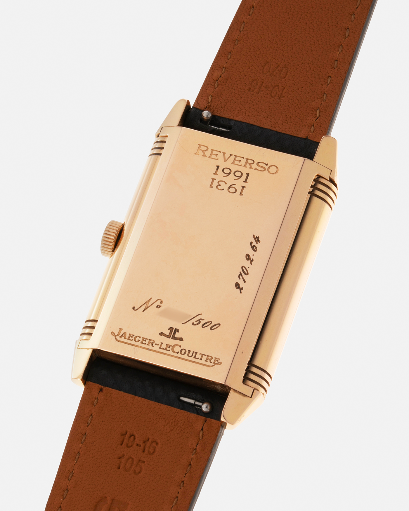 Brand: Jaeger LeCoultre Year: 1991 Model: Reverso Soixantième 60th Anniversary Ref. 270.2.64, Limited to 500 Pieces Reference: 270.2.64 Material: 18-carat Rose Gold Movement: JLC Cal. 824, Manual-Wind Case Diameter: 42mm x 26mm x 9.5mm Lug Width: 19mm Strap: Molequin Grey Textured Calf with Signed 18-carat Pink Gold Deployant Clasp