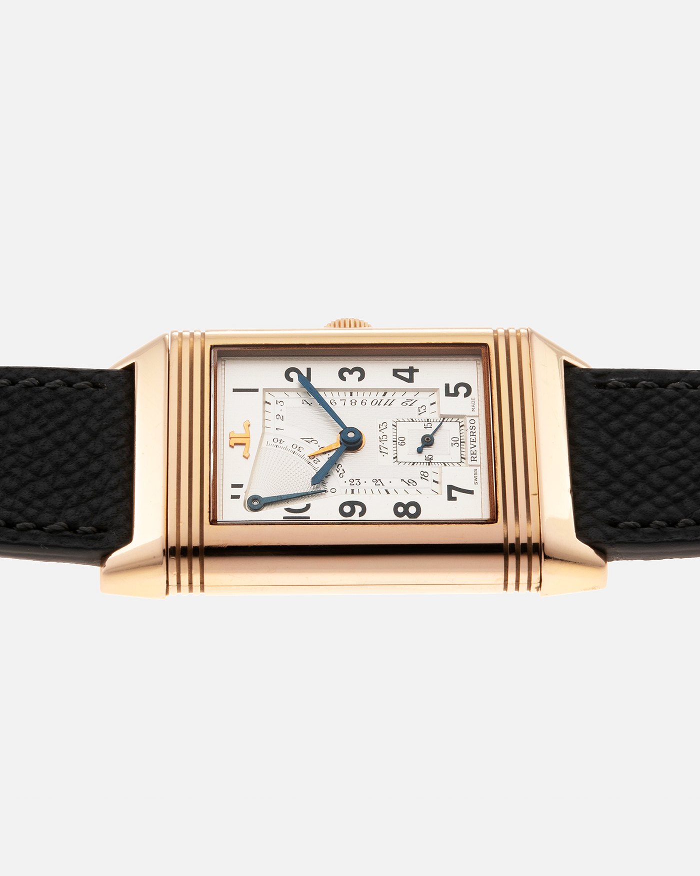 Brand: Jaeger LeCoultre Year: 1991 Model: Reverso Soixantième 60th Anniversary Ref. 270.2.64, Limited to 500 Pieces Reference: 270.2.64 Material: 18-carat Rose Gold Movement: JLC Cal. 824, Manual-Wind Case Diameter: 42mm x 26mm x 9.5mm Lug Width: 19mm Strap: Molequin Grey Textured Calf with Signed 18-carat Pink Gold Deployant Clasp